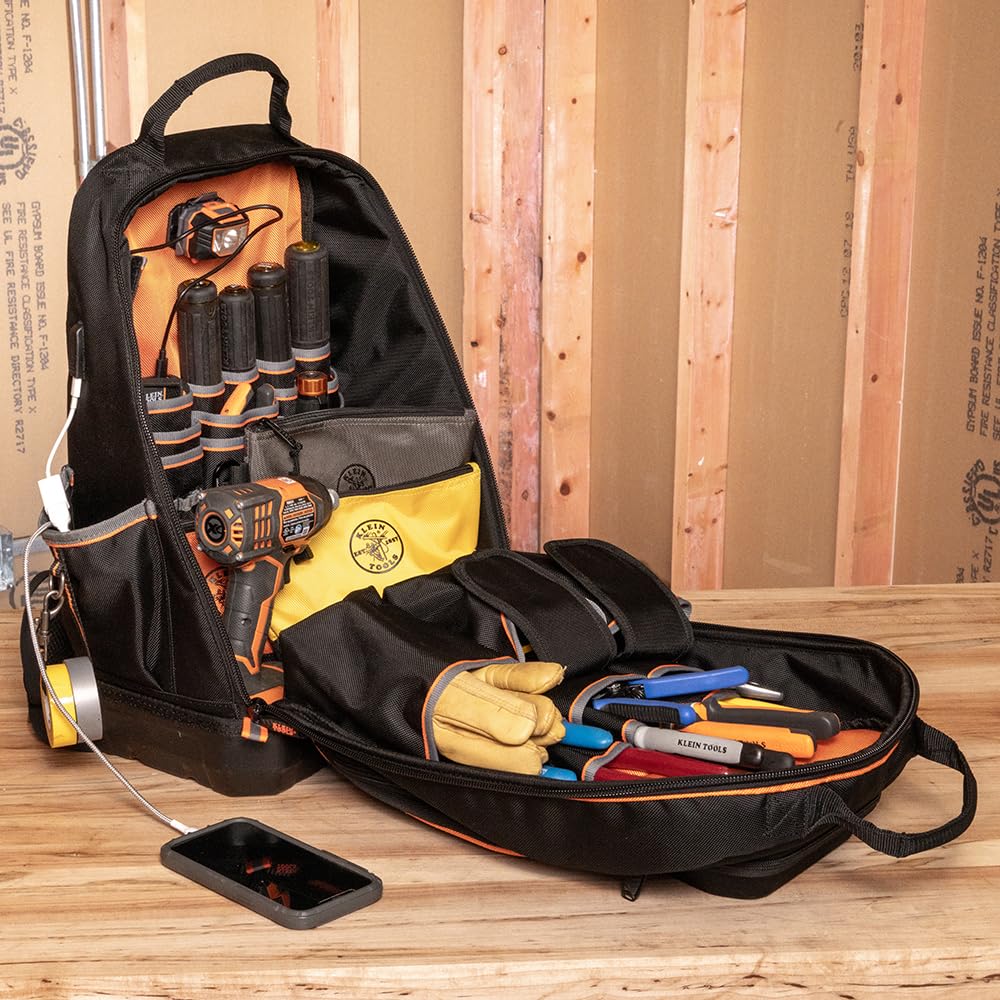 Klein Tools 62800BP Tradesman Pro Extra-Large 40-Pocket Electrician Backpack Tool Bag with Molded Bottom & Charging Port - Durable Jobsite Backpack for Electricians, Contractors & DIY Projects
