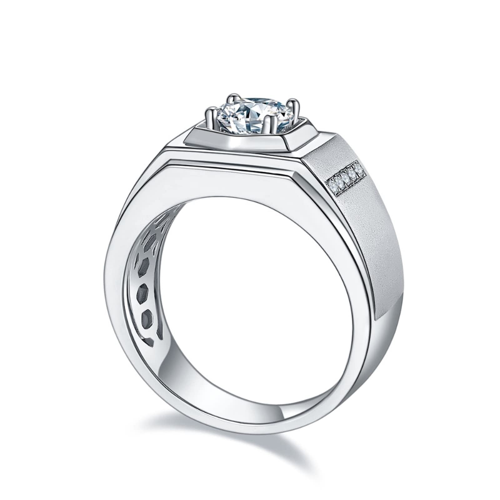 Men's Sterling Silver Promise Rings - Hexagon White Gold Zirconia Wedding Band for Him - Perfect for Engagements, Anniversaries & Special Occasions