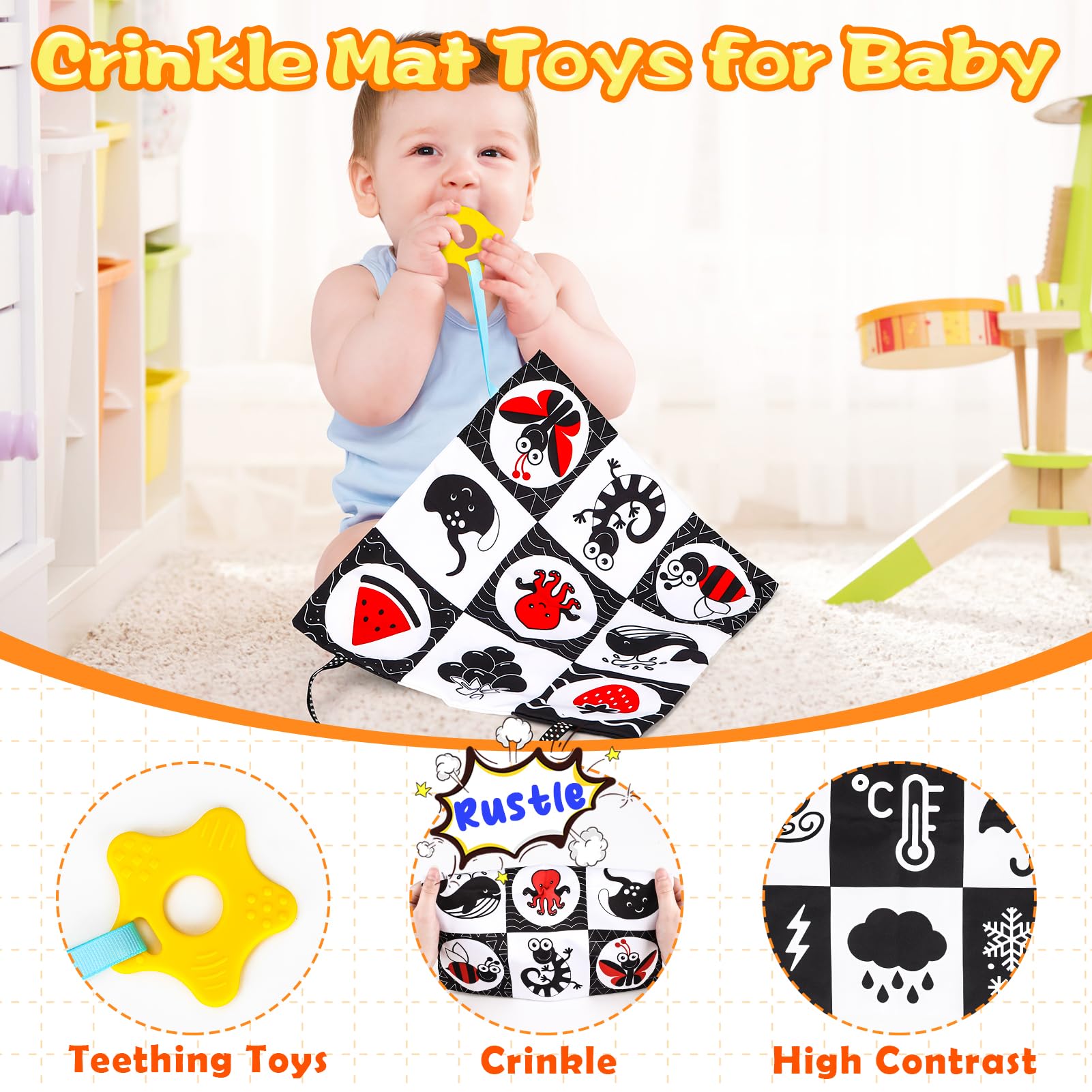 High Contrast Black & White Baby Toys 0-6 Months - Montessori Sensory Crinkle Toys for Newborns & Infants | Tummy Time, Car Seat & Stroller Toys | Soft Cloth Books for Baby Boys & Girls | Perfect Newborn Gift & Early Learning Development