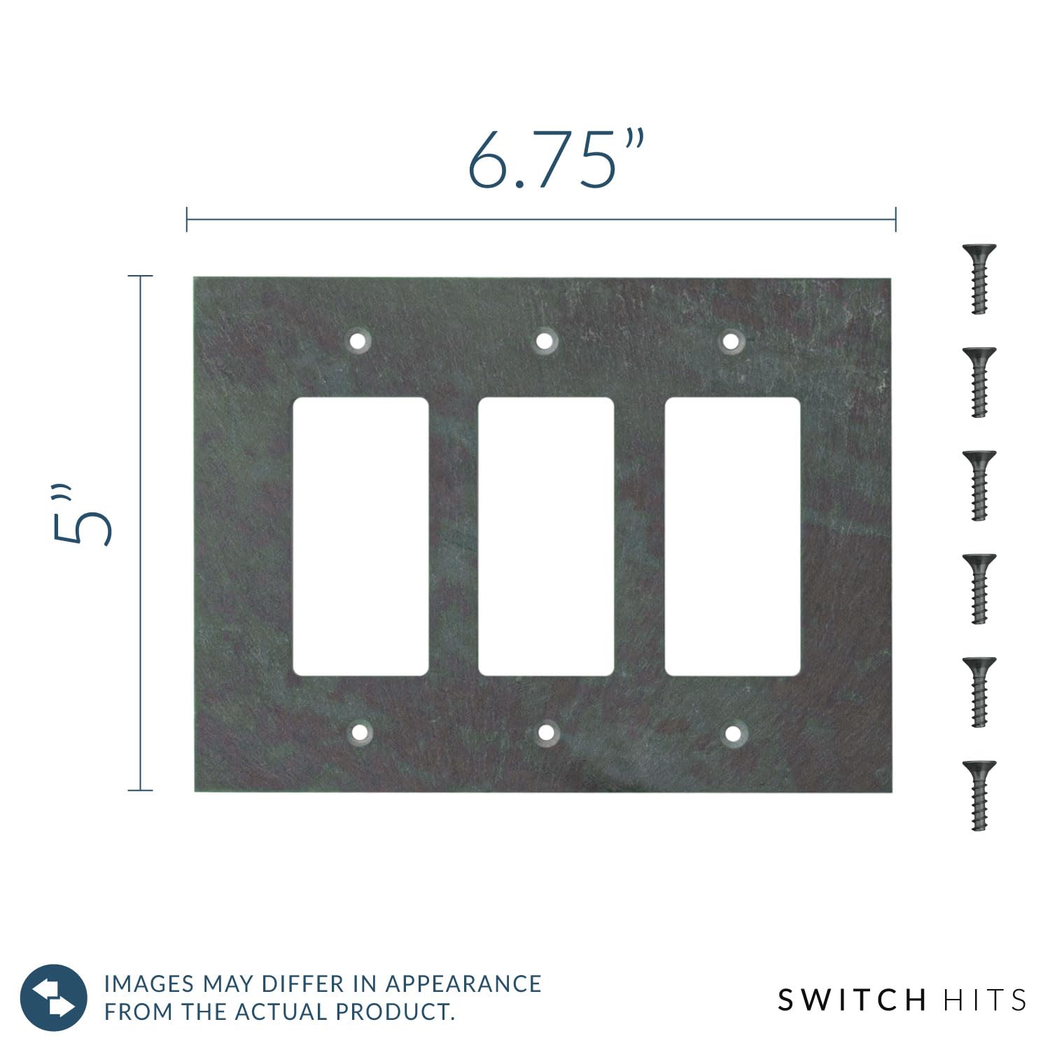 Decorative 3 Gang Electrical Switch Plate Outlet Cover - Vermont Slate Finish, 6.75” x 5” - GFCI Rocker & Decora Triple Light Switch Faceplate for Home & Office Decor