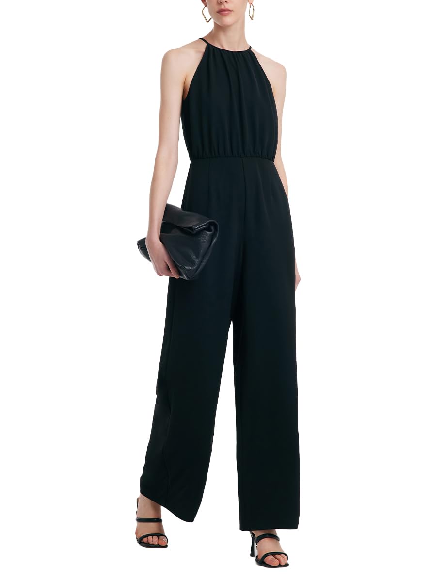Women's High Waist Halter Camisole Wide Leg Jumpsuit - Black One Piece Romper with Pockets | Casual Outfit for Summer, Beach, Travel & Everyday Wear