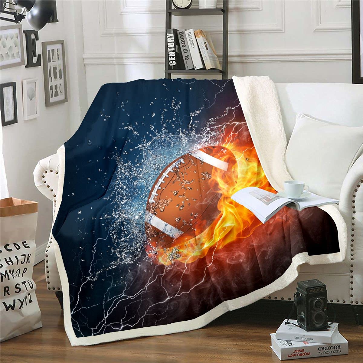 Soft Rugby Plush Blanket for Bed & Couch - 3D Football Pattern Fleece Throw Blanket - Sherpa & Fuzzy Blanket for Teens & Adults (90x90 Inches) - Perfect for Football Games, Home Decor & Cozy Winter Nights