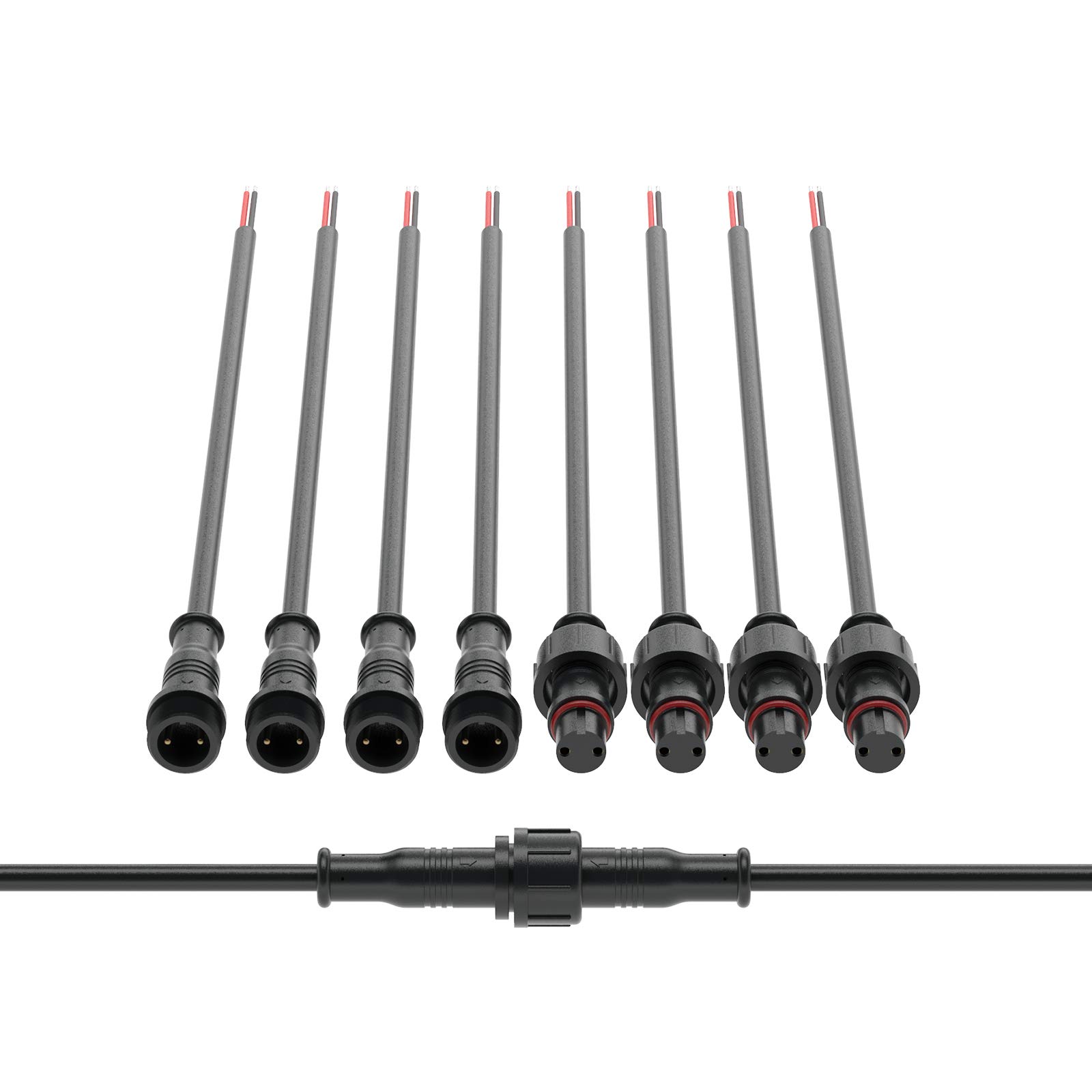 BTF-LIGHTING 2 Pin IP65 Waterproof Electrical Connector Set - 22AWG Male Female Connector with 20cm Extension Cable for LED Strip Lights - Perfect for Cars, Trucks, Boats & Indoor/Outdoor Lighting (5 Pairs, 15mm Nut Size)
