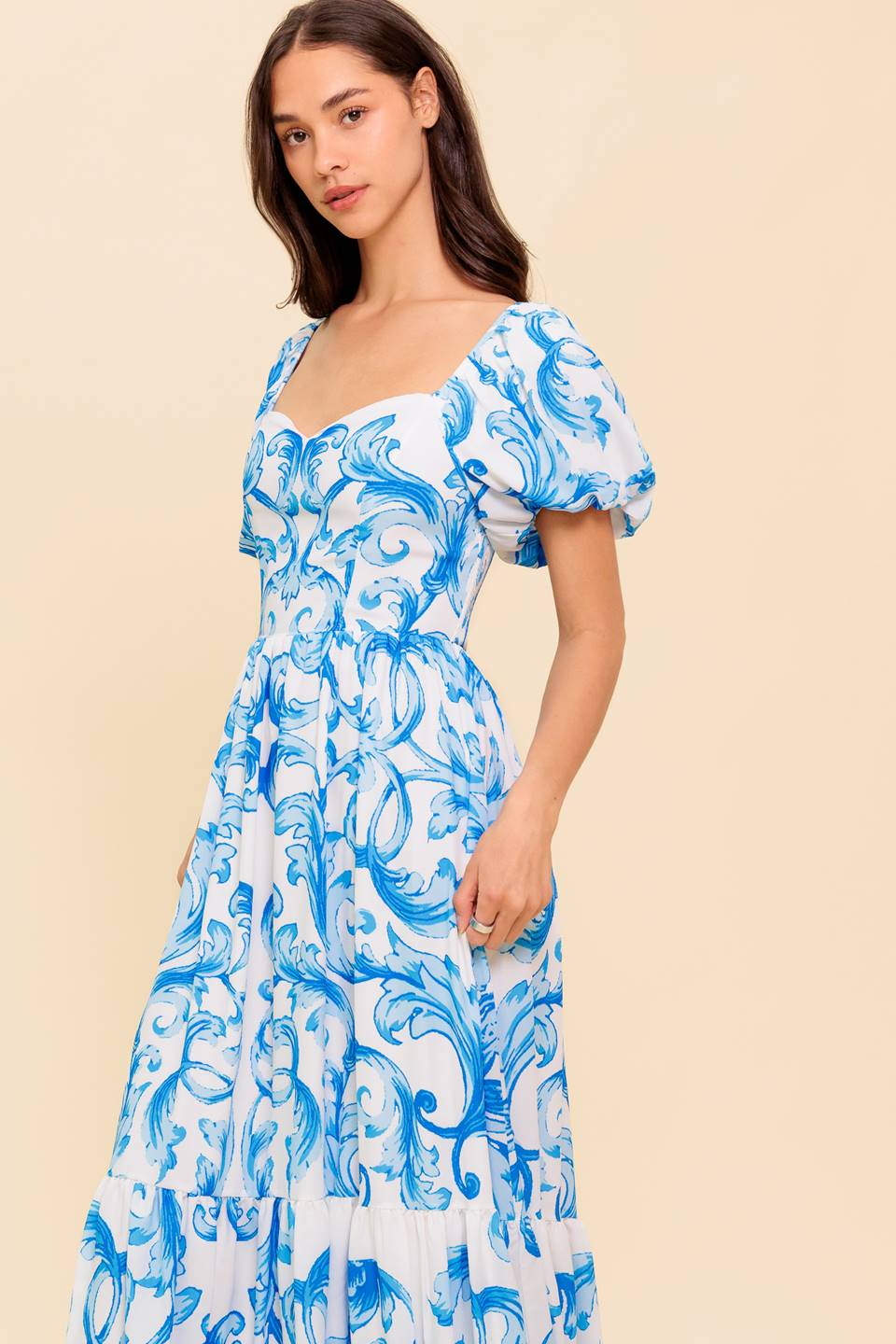 Elegant White & Blue Midi Dress - Flowy A-Line Summer Dress for Women | Perfect for Weddings, Parties & Casual Outings