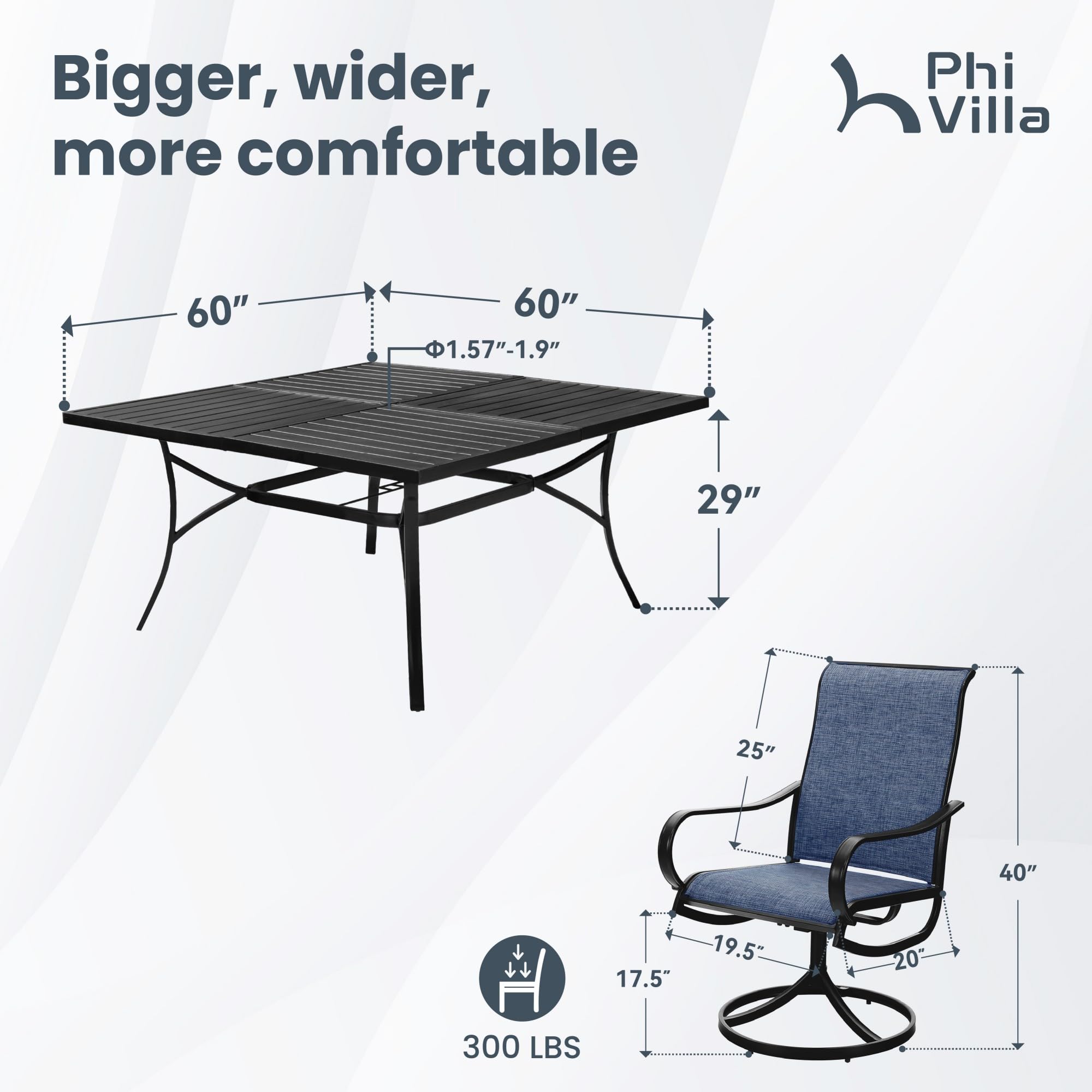 PHI VILLA 9-Piece Outdoor Patio Dining Set with Large Square Metal Table & 8 Swivel Chairs - Blue Patio Furniture for 8-Person Dining | Perfect for Backyard BBQs, Poolside Gatherings & Garden Parties