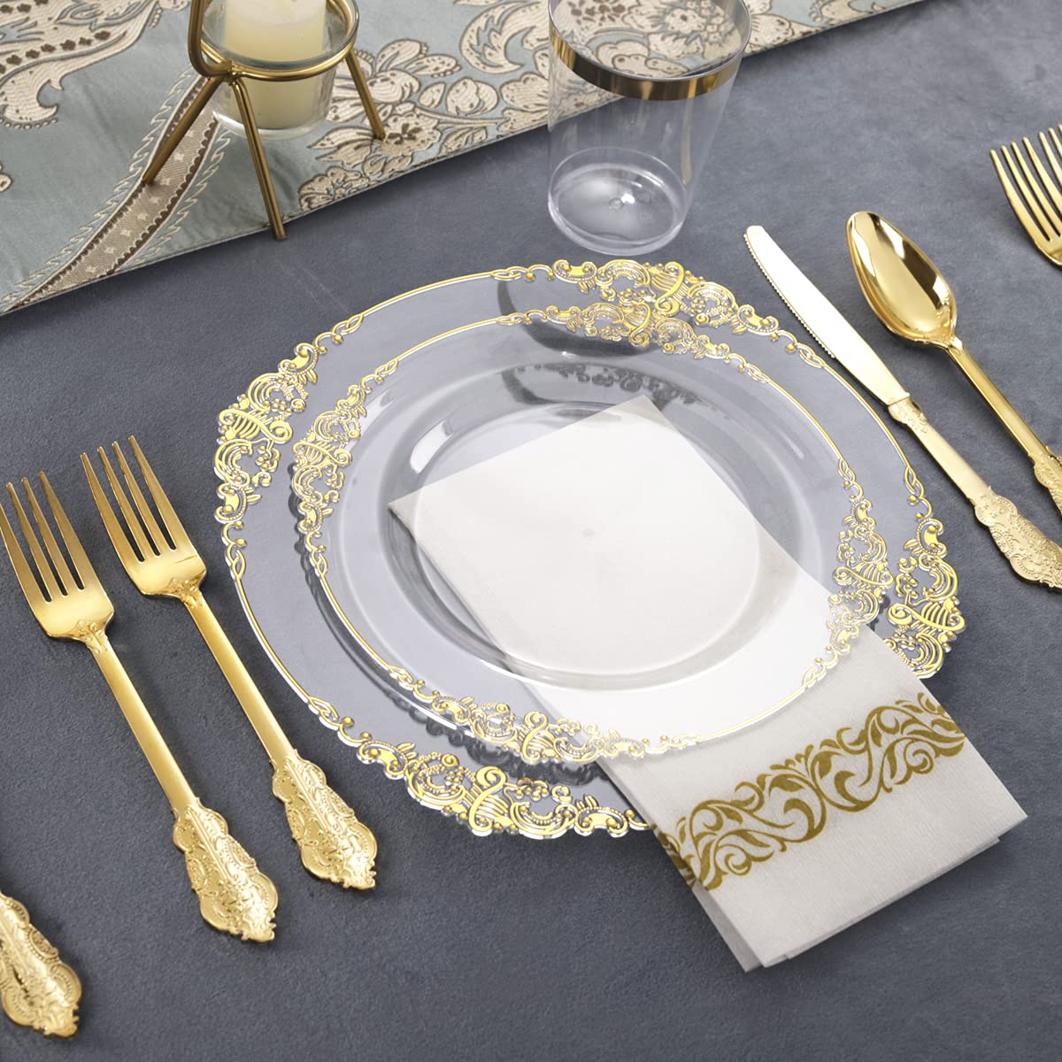 175PCS Clear Gold Plastic Plates Disposable Dinnerware Set - Includes 50 Plates, 75 Silverware, 25 Cups & 25 Napkins for 25 Guests - Elegant Party Supplies for Christmas, Weddings, Birthdays & Holiday Gatherings