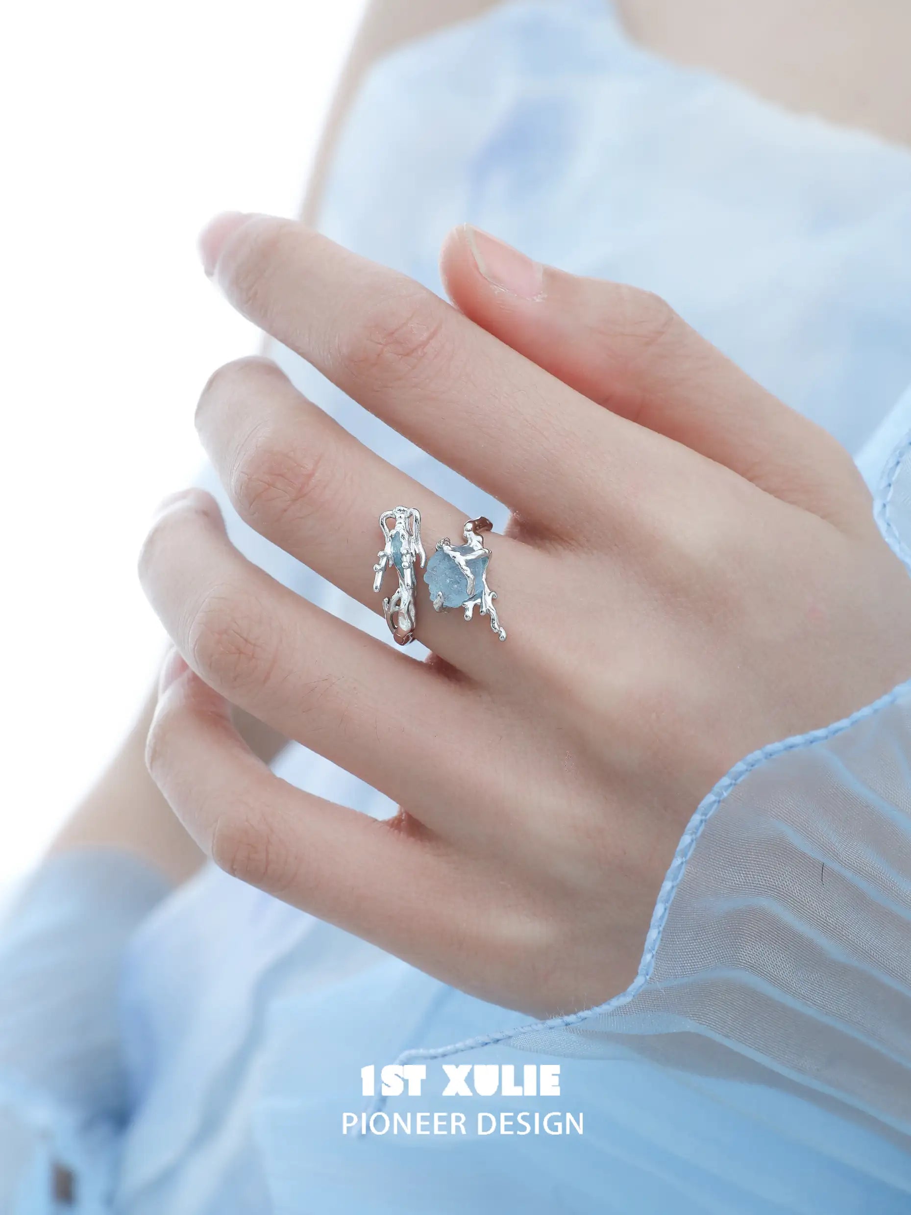 Loong Ling Loong Aquamarine S925 Sterling Silver Adjustable Open Ring for Women - Elegant Stackable Boho Jewelry Gift for Birthday, Anniversary & Everyday Wear
