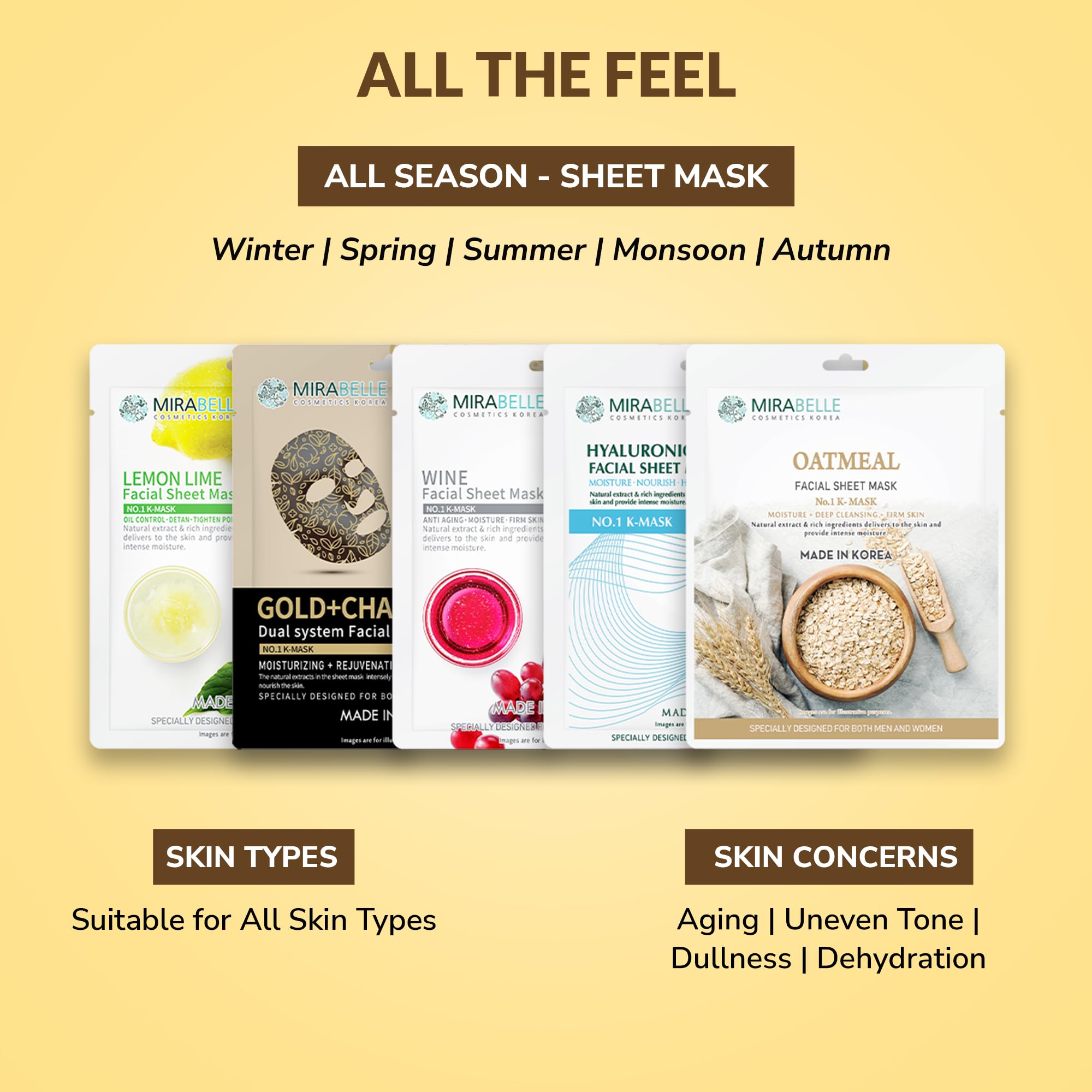 Mirabelle Nourishing Facial Sheet Mask Set - Hydrating & Brightening Skincare Treatment (5 Pack) | Perfect for Daily Use, Spa Days & Travel Skincare Routine