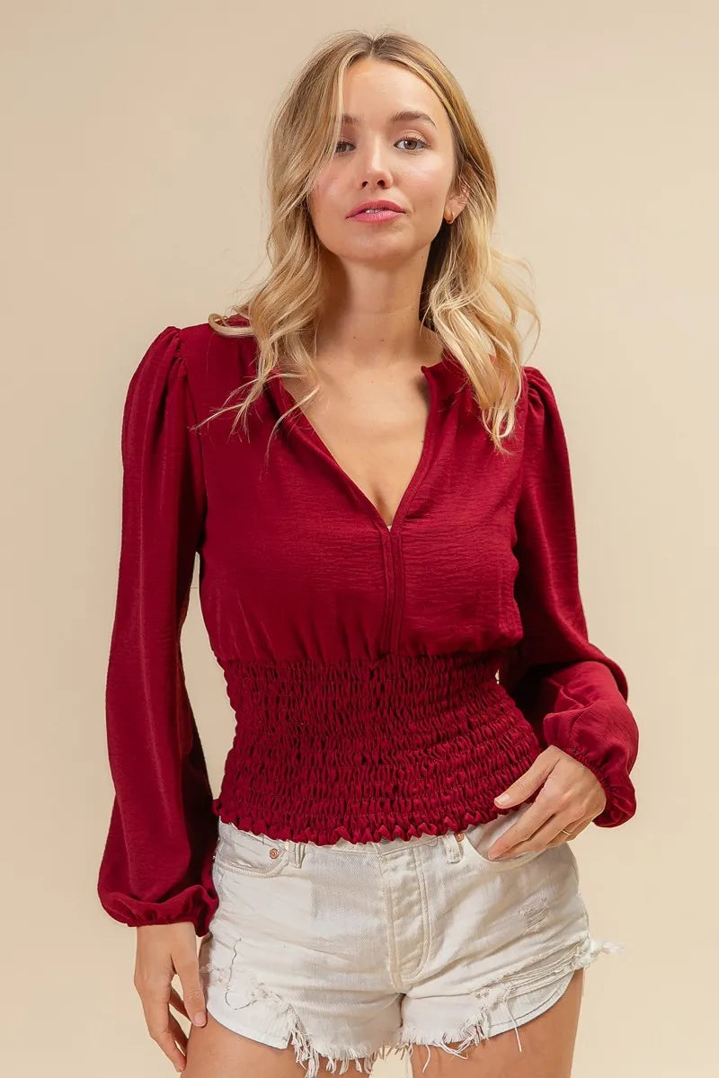 BiBi Smoking Waist Band & Puff Sleeves Deep V Neck Top - Sexy Women's Blouse for Night Out, Party & Date Night