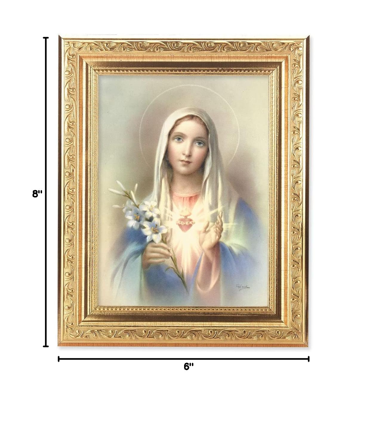 Immaculate Heart of Mary Framed Wall Art - Gold Leaf Antique Finish with Acanthus Detail - Catholic Home Decor for Living Room, Bedroom & Prayer Space