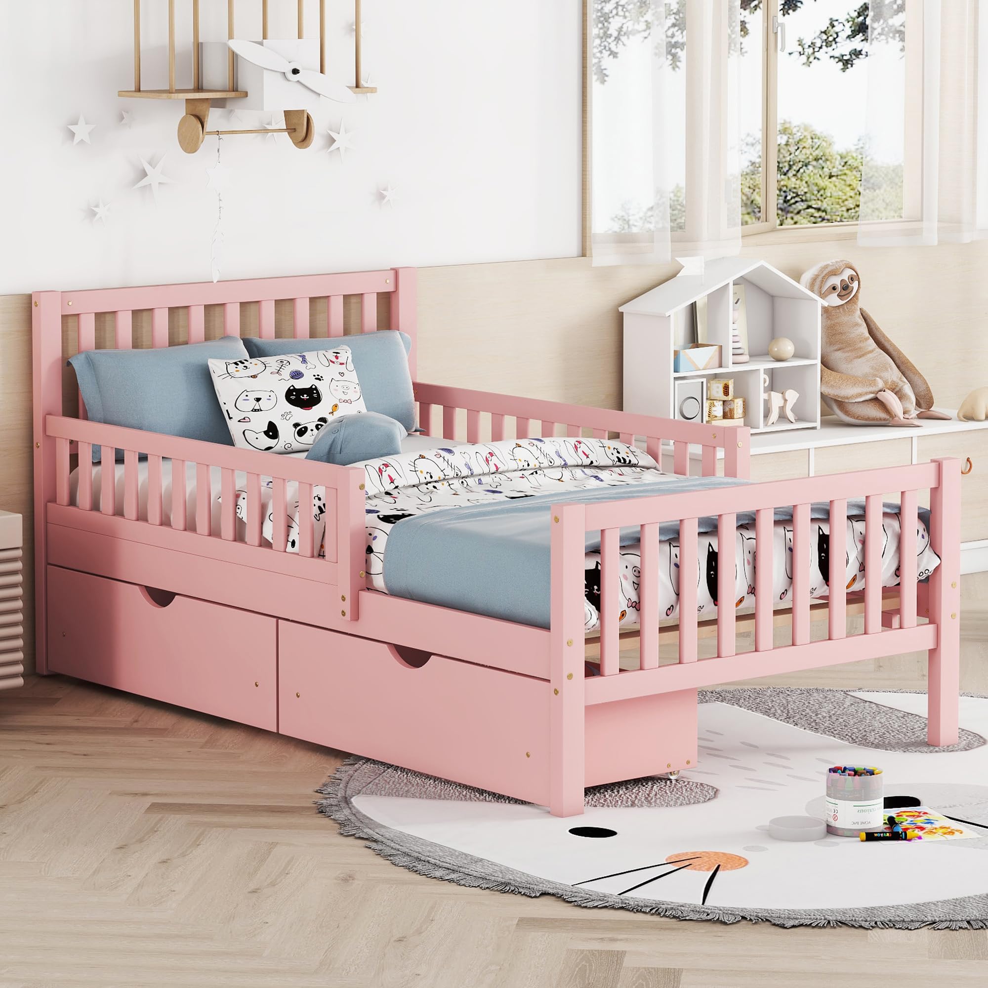 Pink Twin Size Kids Bed Frame with Guardrails, Low Platform Bed with Headboard & Footboard - 2 Storage Drawers for Boys & Girls | Perfect for Small Bedrooms, Daycare Centers & Kids' Sleepovers