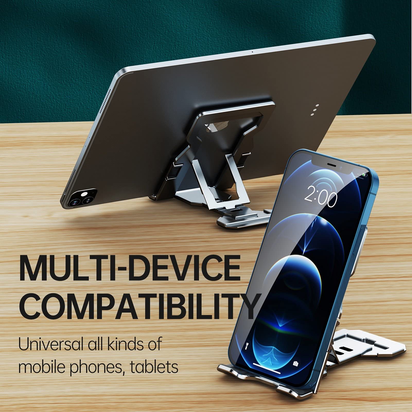Premium Aluminum Alloy Phone Stand - Ultra Thin Foldable Desktop Cell Phone Holder for Office & Home Use | Universal Phone Stand for Watching Videos, Video Calls & Hands-Free Viewing (Grey)