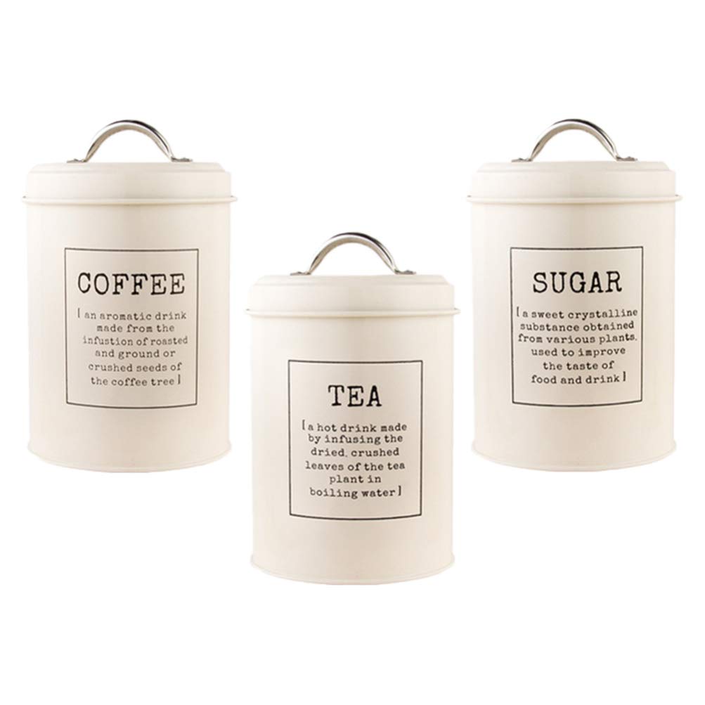 Vintage Metal Tins with Lid - 3Pcs Rustic Farmhouse Kitchen Storage Containers for Flour, Sugar, Coffee & Tea | Decorative White Metal Jars for Pantry, Countertop & Home Decor