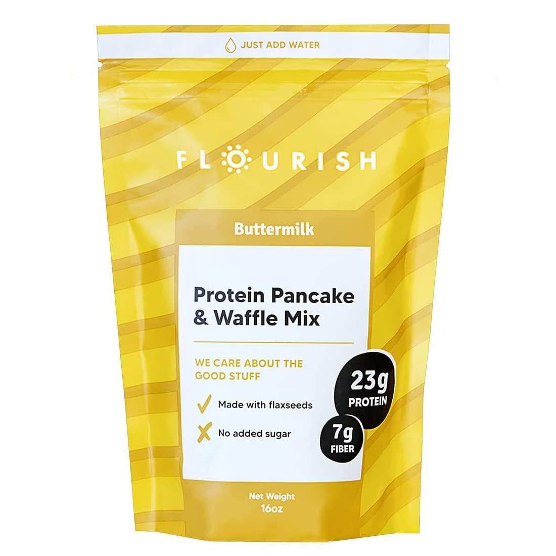 Flourish Protein Pancake & Waffle Mix - Whey Protein Isolate & Flax Seed, Non-GMO, No Added Sugar, High Protein & Fiber Superfood (Buttermilk Flavor, 16oz) - Perfect for Breakfast, Post-Workout & Keto Diet
