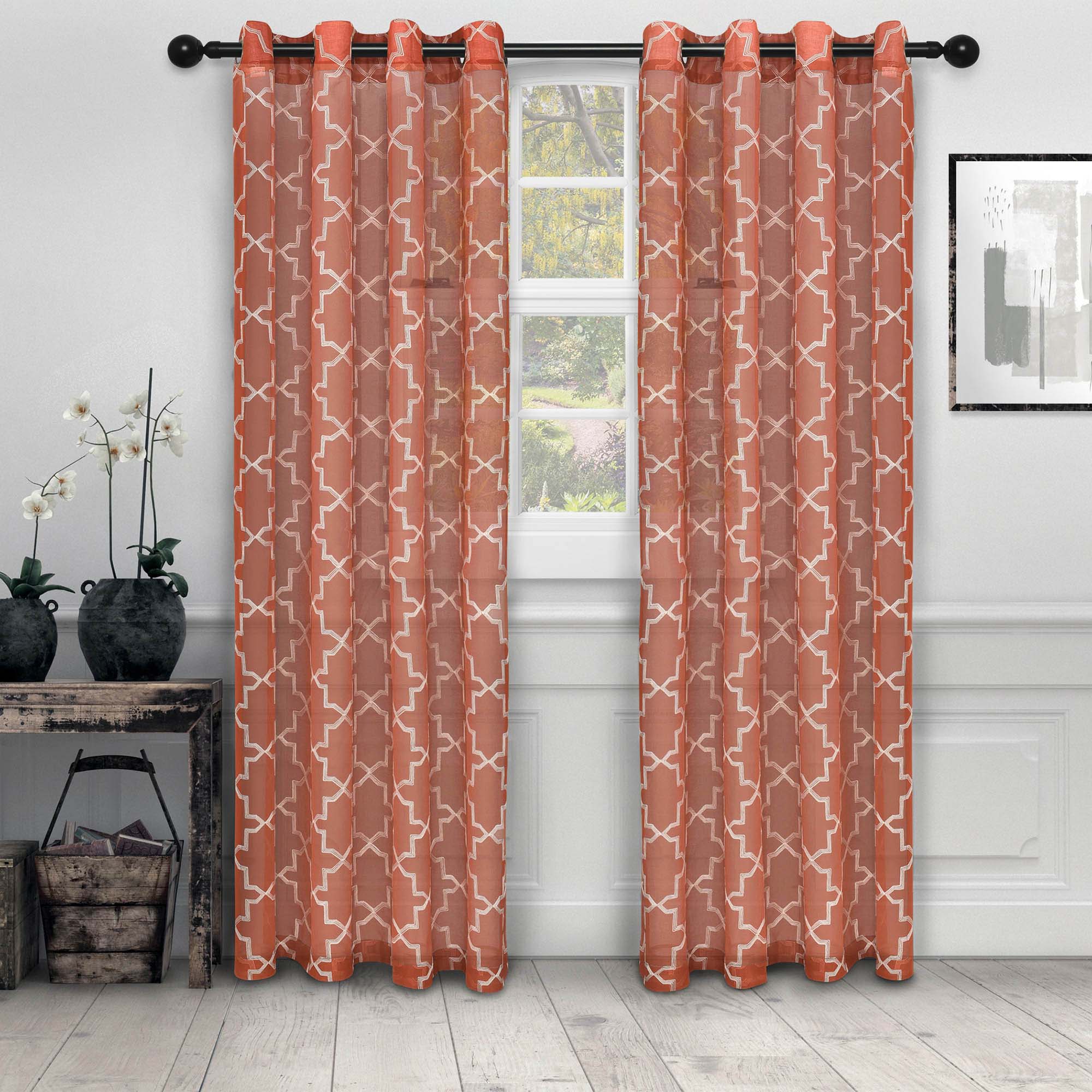 Embroidered Quatrefoil Semi-Sheer 2-Piece Curtain Panel Set - Elegant Window Treatment for Living Room & Bedroom Decor