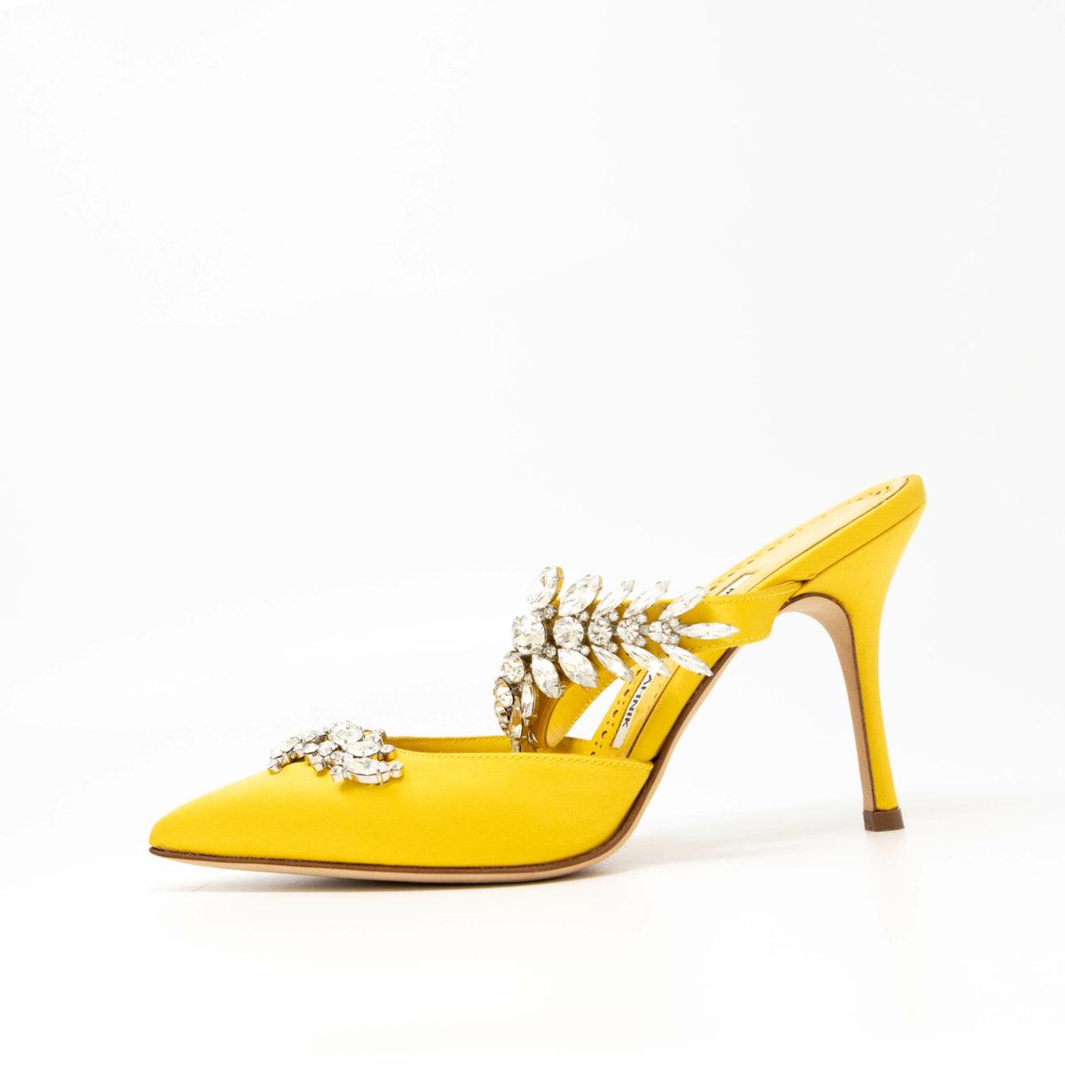 Manolo Blahnik Women's Yellow Satin Lurum Pumps Size 36.5 - Elegant High Heels for Weddings, Parties & Special Occasions