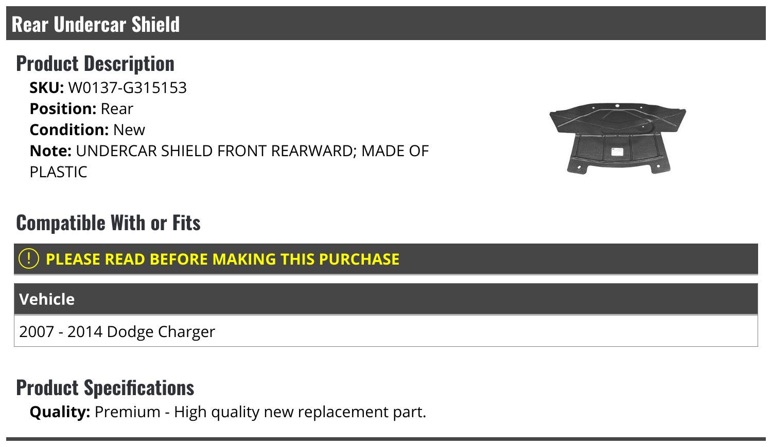 2007-2014 Dodge Charger Front & Rear Undercar Shield - Heavy Duty Skid Plate Protection for Off-Road & Rough Terrain Driving