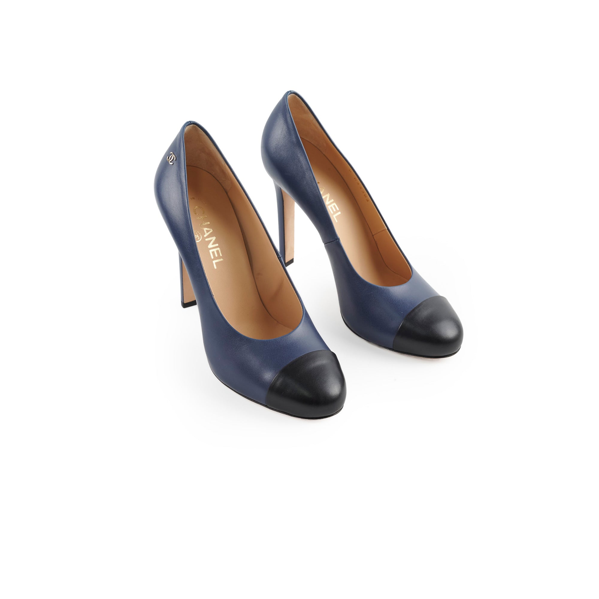 Chanel Navy Blue Cap Toe Leather Pumps Women's Size 40C - Elegant Heels for Office, Parties & Special Occasions