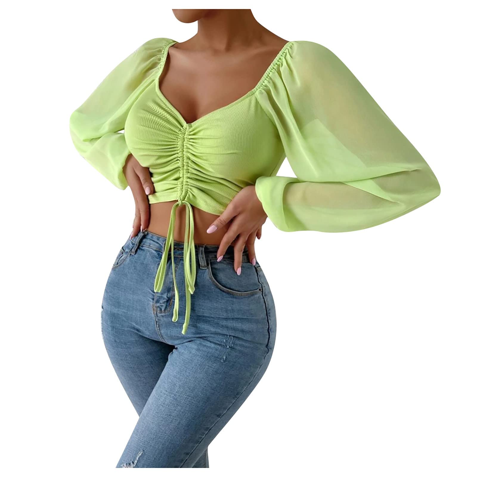 COKUERA Women's Solid Cropped Wrap Top - Square Neck Long Sleeve Chiffon Blouse for Work & Casual Wear | Comfortable Fall Office Outfit, Breathable Business Casual Top for Women
