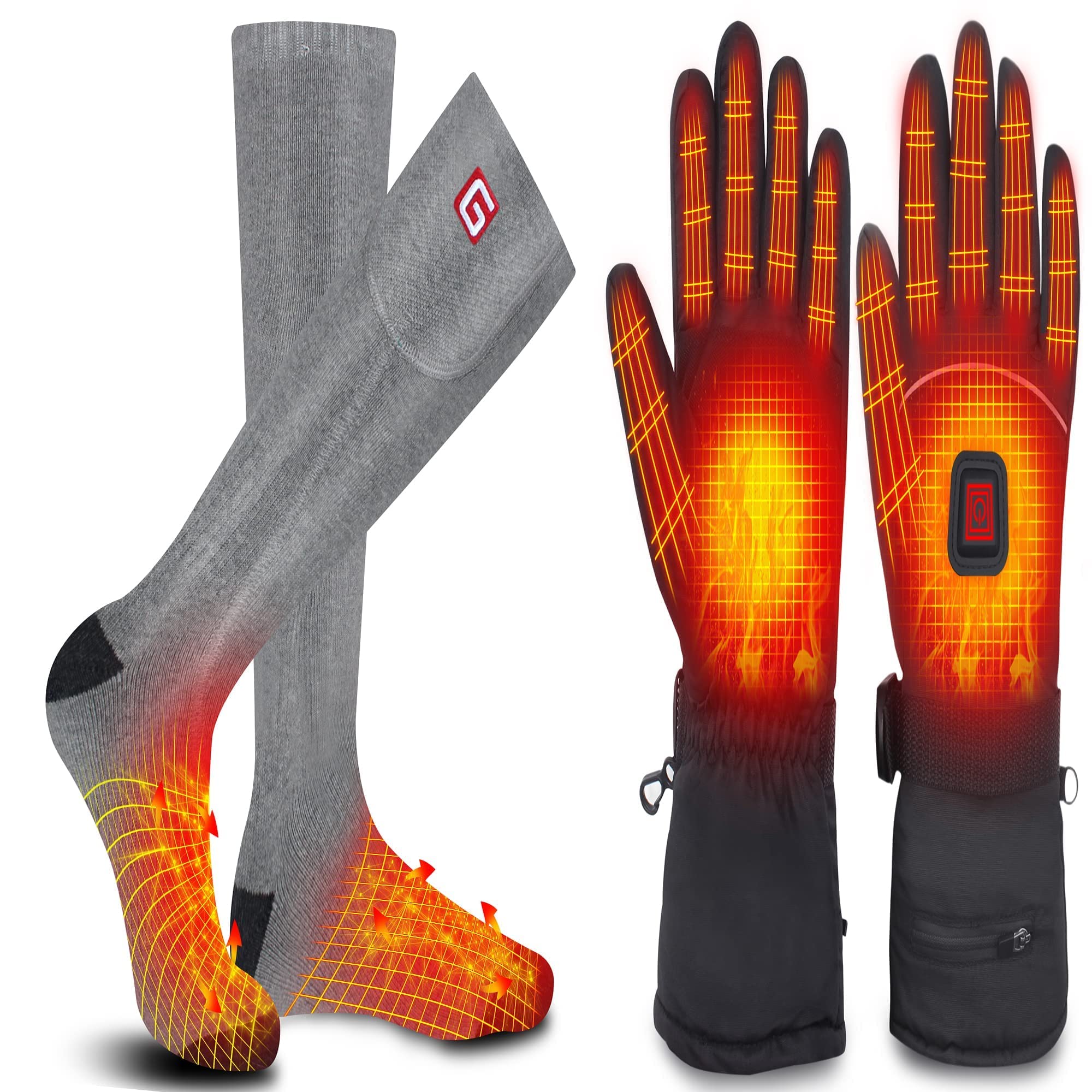 GEMSTONEGO Rechargeable Electric Heated Gloves & Socks for Men & Women - Battery Powered Winter Gloves & Thermal Socks for Hiking, Skiing, Climbing, Fishing - Indoor & Outdoor Cold Weather Gear
