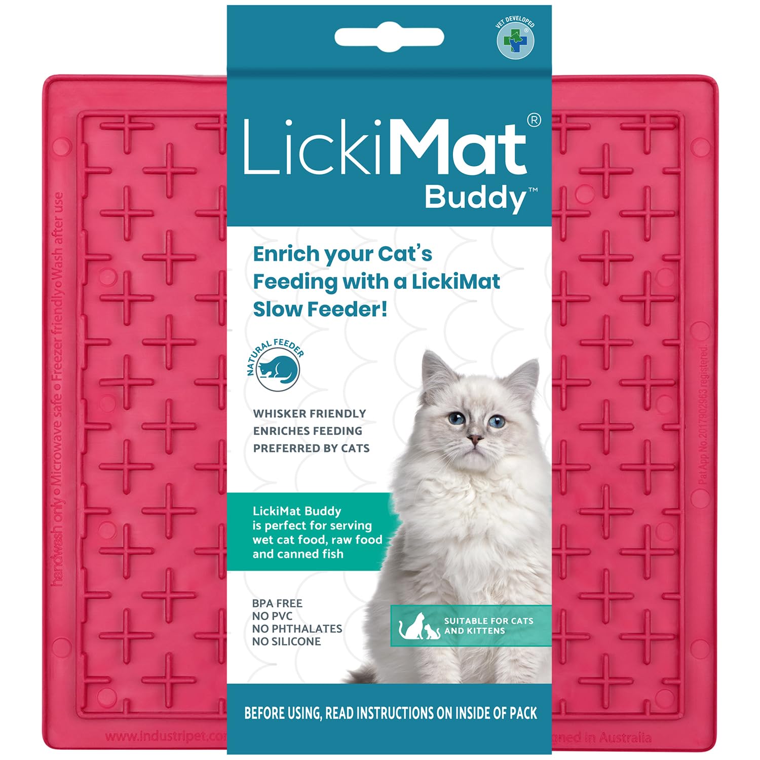 LickiMat Classic Buddy Cat Slow Feeder Lick Mat - Anxiety & Boredom Relief for Cats - Perfect for Food, Treats, Yogurt & Peanut Butter - Fun Alternative to Slow Feed Cat Bowls - Pink - Great for Mealtime Enrichment & Stress Reduction