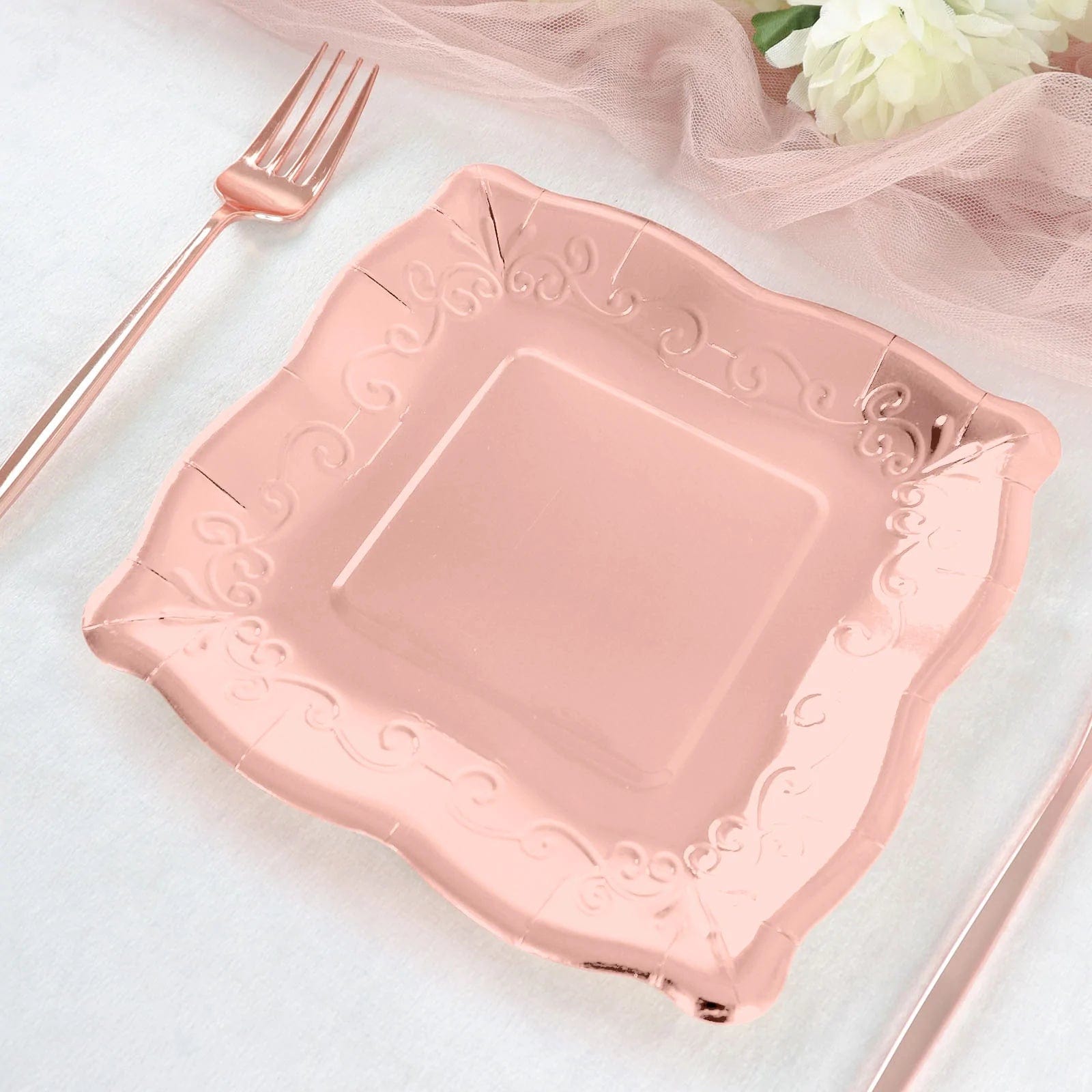 25 Pack Square Disposable Dessert Plates with Elegant Scroll Design - Perfect for Parties, Weddings, and Dinner Events