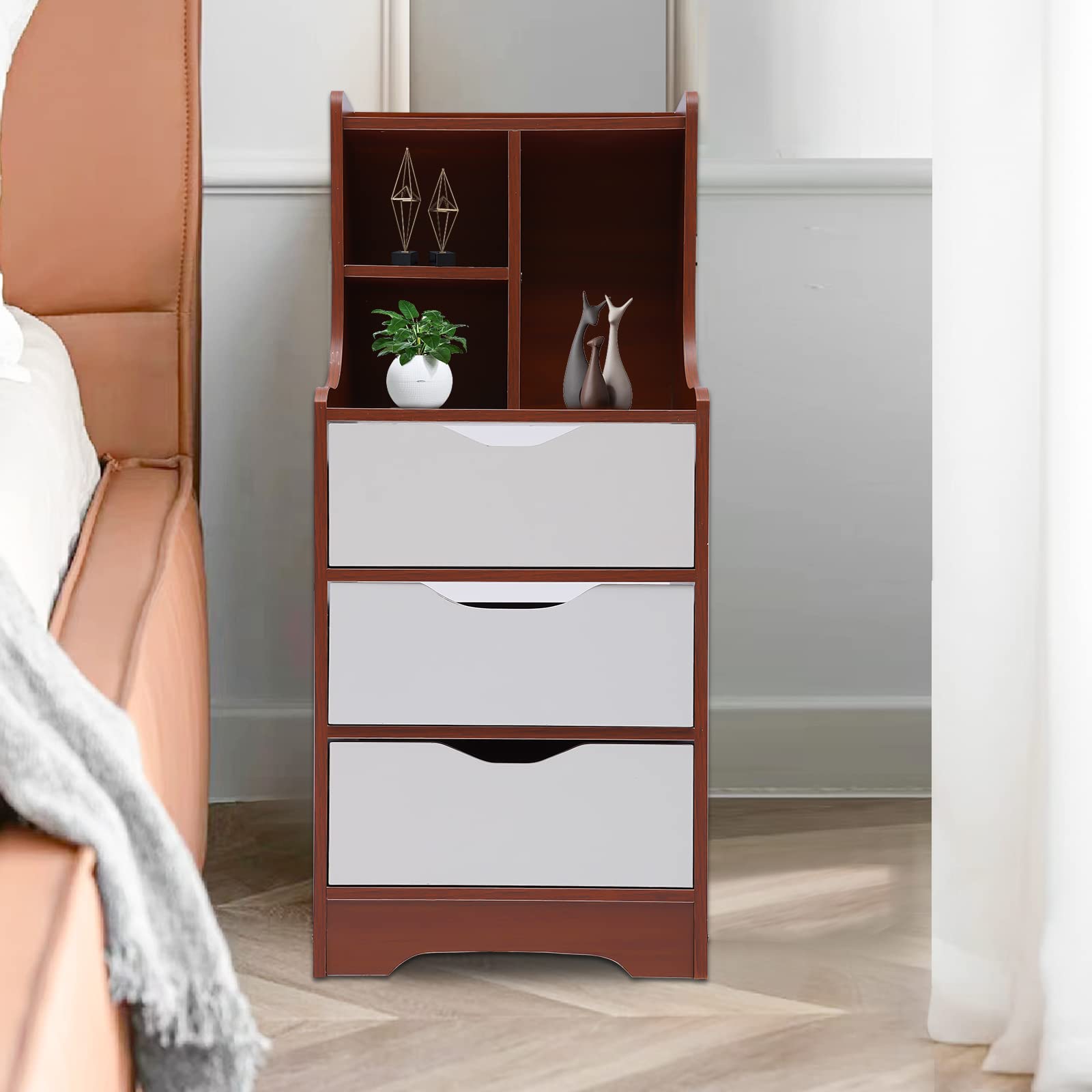 Eapmic 3-Drawer Dresser with Top Cabinet & Open Shelf - Nightstand, Bedside Table, Chest of Drawers for Bedroom, Living Room, Home Office - White & Dark Brown - Wide Storage Space for Clothes, Books & Decor
