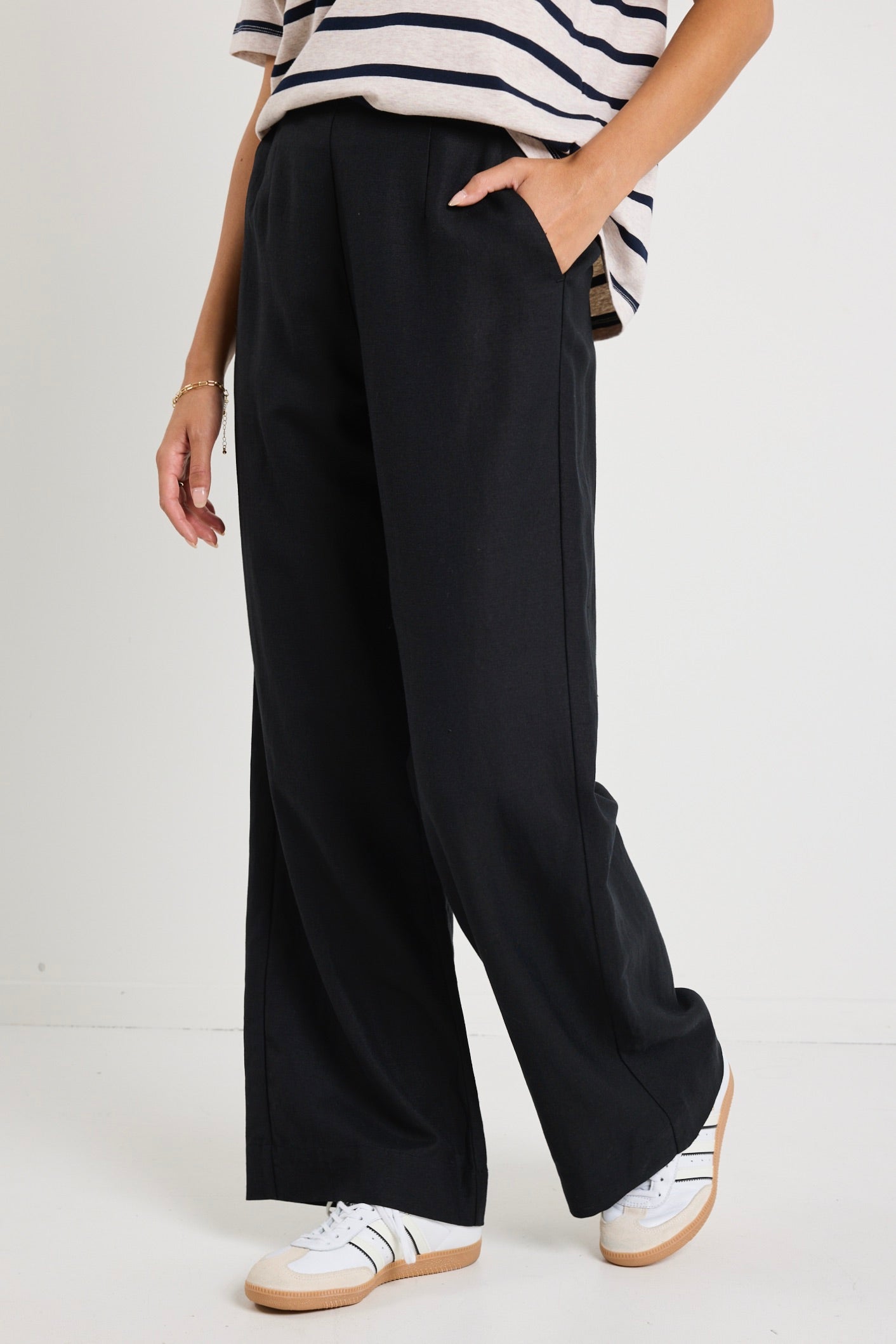 Boulevard Black Linen Viscose Wide Leg Pants for Women - Comfortable High Waisted Palazzo Trousers - Perfect for Office, Travel and Casual Wear