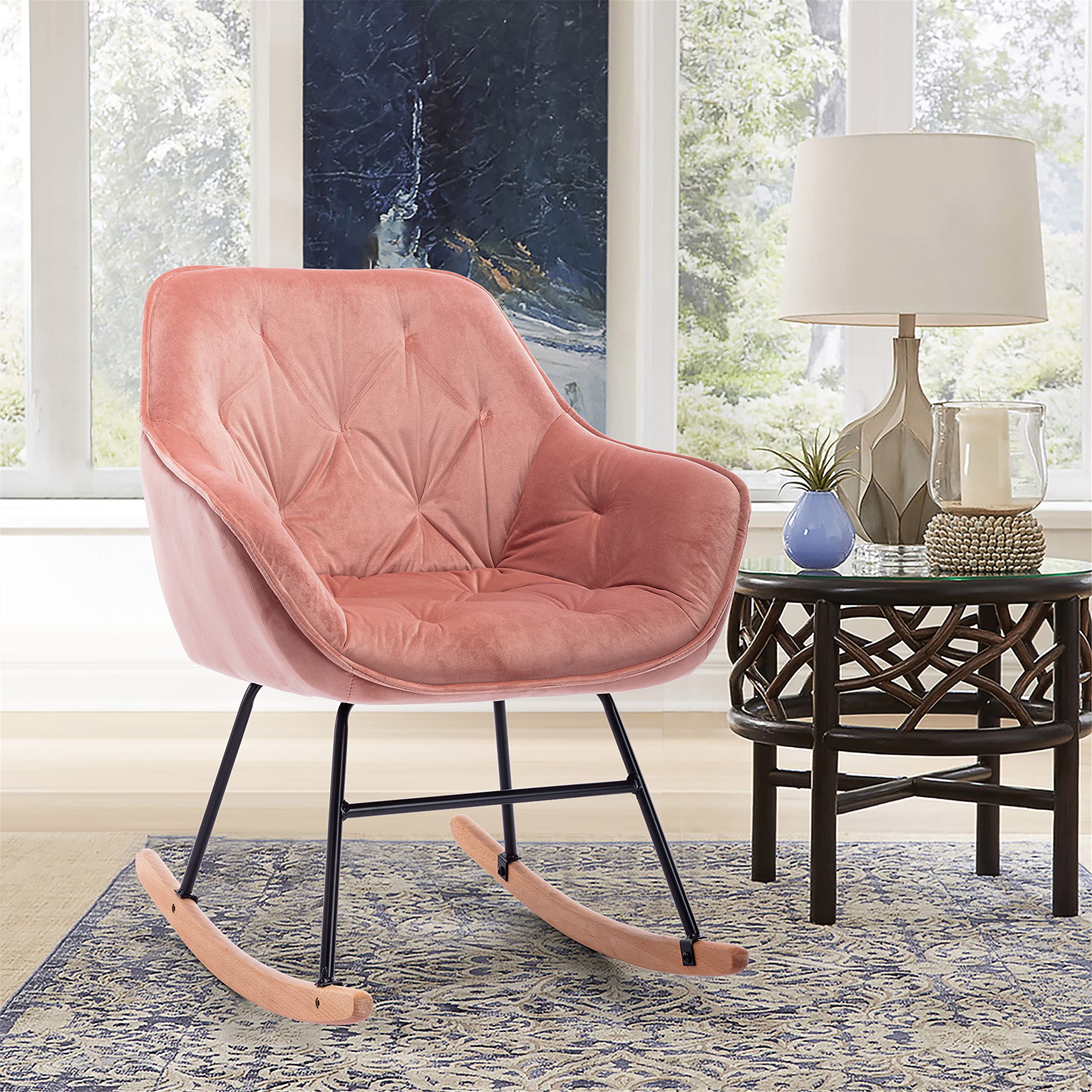 Solid Wood Modern Rocking Chair - Upholstered Microfiber Armchair with Padded Seat, Accent Rocker for Living Room, Bedroom, Office & Small Spaces (Pink) | Perfect for Nursery, Reading Nook & Relaxation
