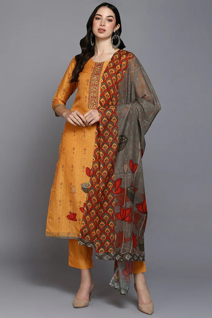 Stylish Orange Silk Blend Ethnic Motifs Straight Kurta Set for Women | Traditional Indian Outfit for Festivals, Weddings & Special Occasions