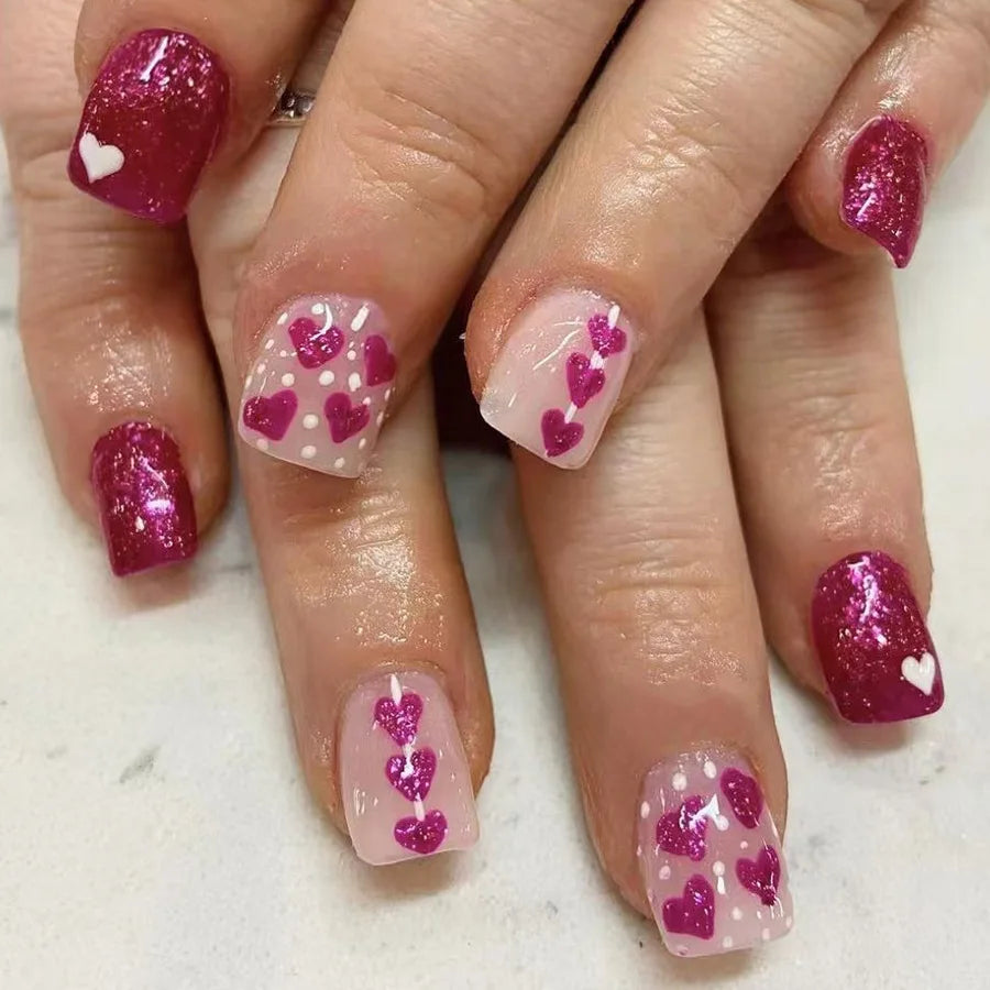 24Pc Square French Fake Nails with Heart Love Designs - Glossy White & Pink Press on Nails | Full Cover False Nails for Valentine's Day | Perfect for Parties, Weddings & Special Occasions