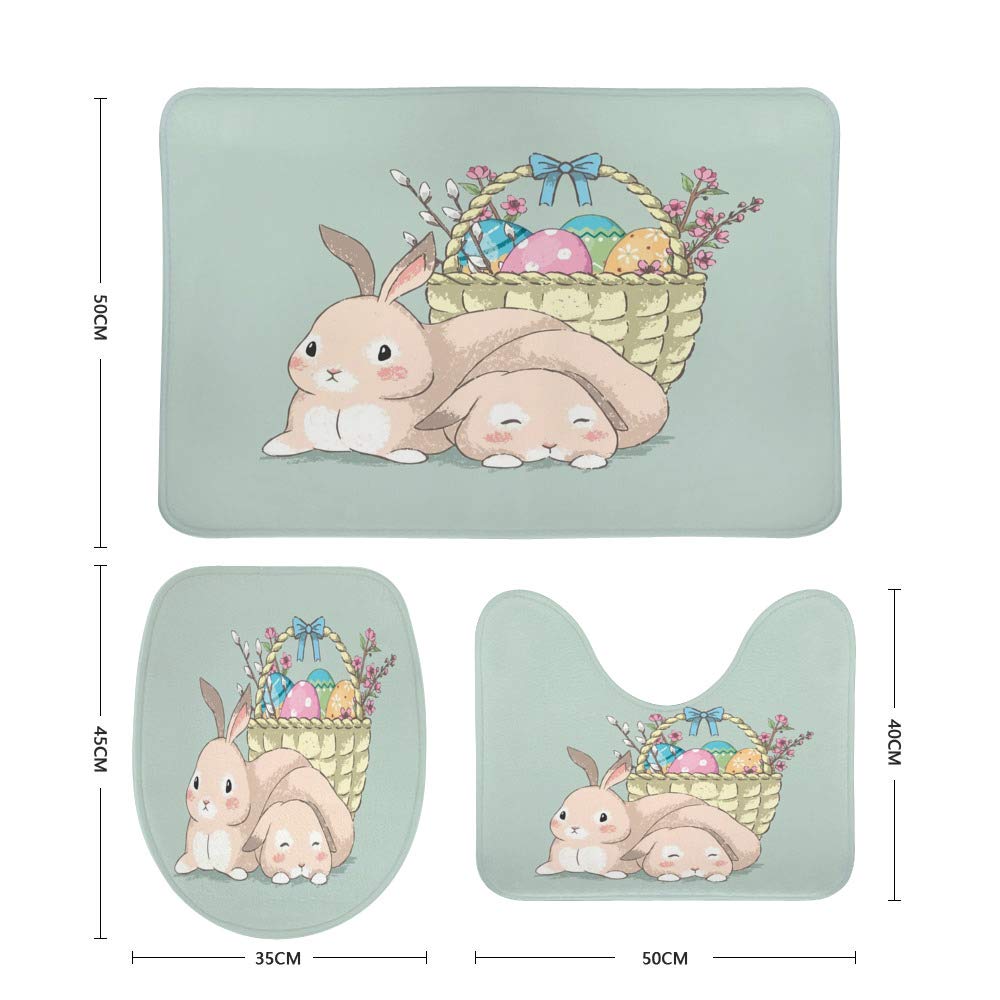 3-Piece Non-Slip Bathroom Rug Set - Soft Coral Fleece Contour Toilet Mat, Lid Cover & Bath Mat - Easter Bunny Pastel Style for Bathroom, Toilet & Shower - Cozy & Slip-Resistant Home Decor