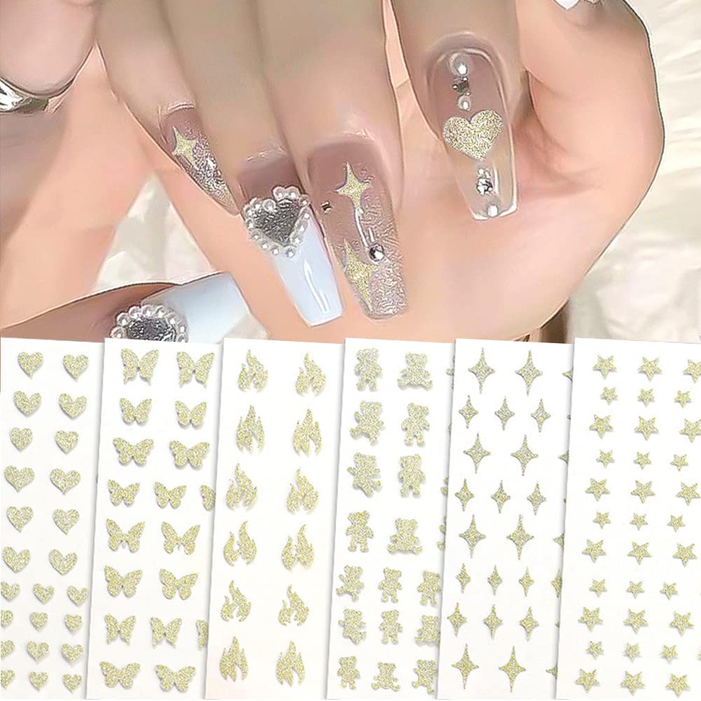 6 Sheets Gold Nail Art Stickers - 3D Metallic Self-Adhesive Nail Decals with Heart, Butterfly, Flame & Star Designs - Glitter Nail Art Supplies for Acrylic Nails - DIY Nail Decorations for Women & Girls - Perfect for Parties, Weddings, and Special Occasions