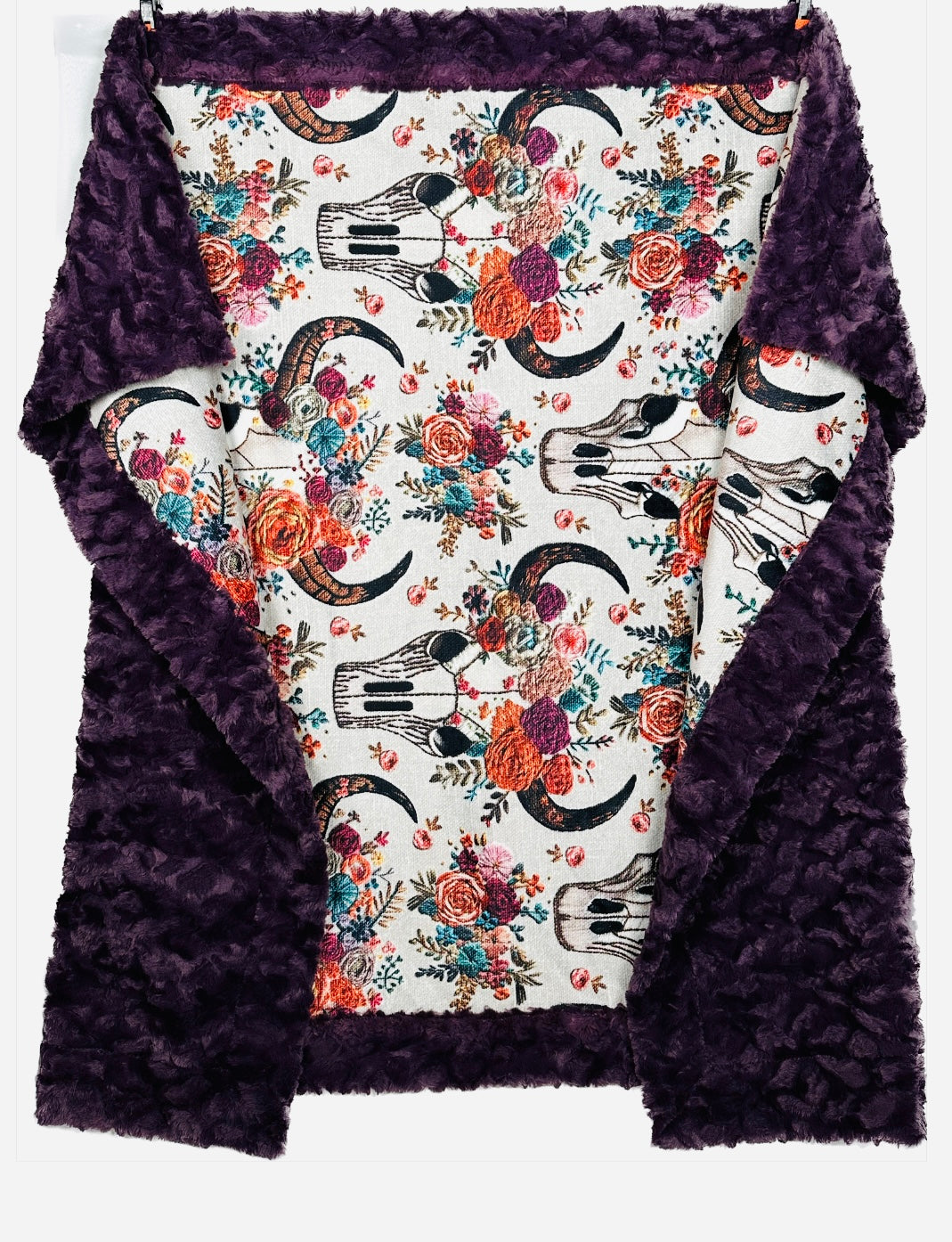 Western Floral Skull Embroidery Print Blanket - Large Adult Size 56x79 Inches - Tuscany Berry Color - Premium Spoonflower Quality - Perfect for Sofa, Bed & Home Decor