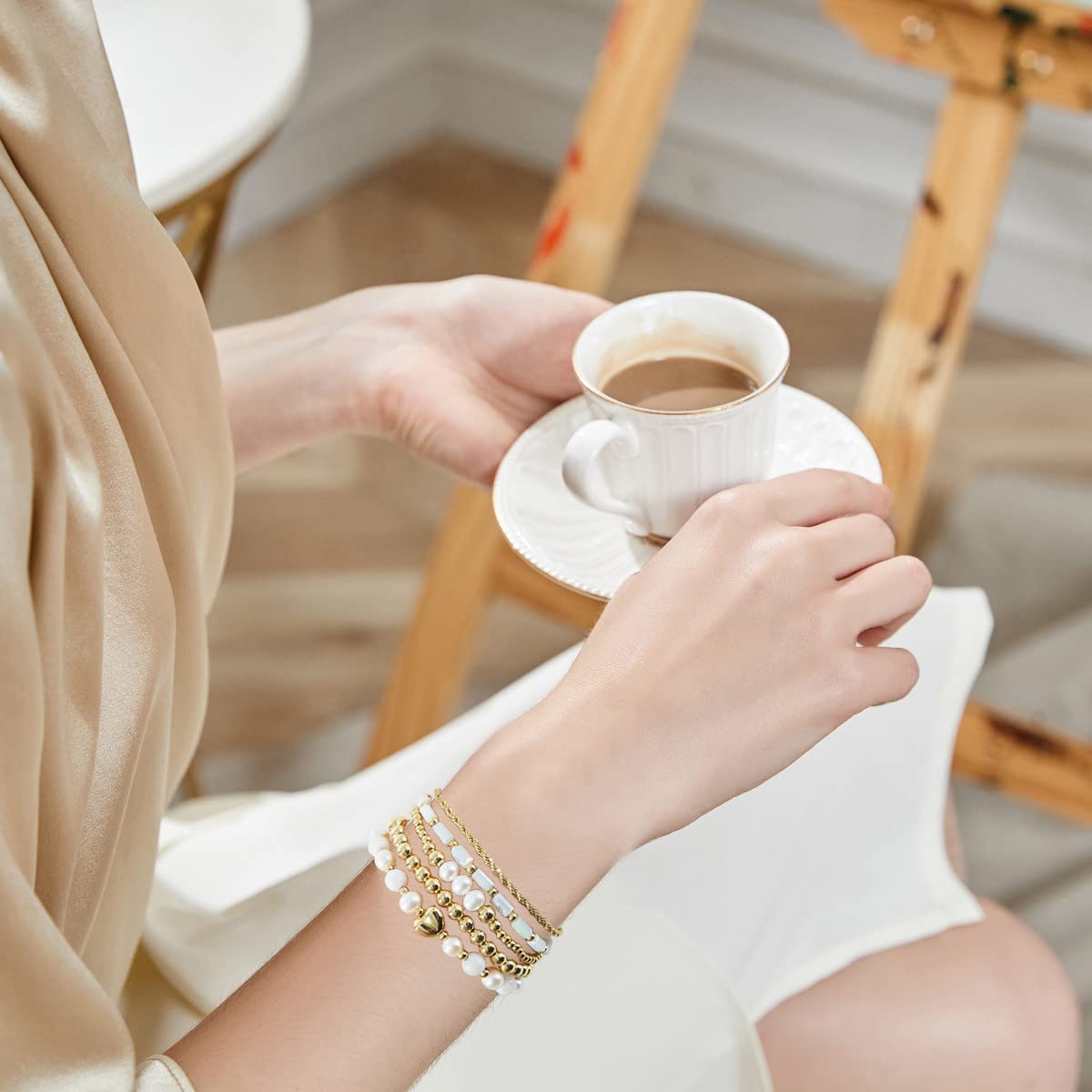 GOOJIDS Tiny Pearl Gold Heart Beaded Bracelets for Women - Dainty Gold Plated Pearls Stackable Layered Beads Bracelet Gift Set for Mom, Birthday, Mother's Day | Perfect for Everyday Wear, Special Occasions & Gift Giving