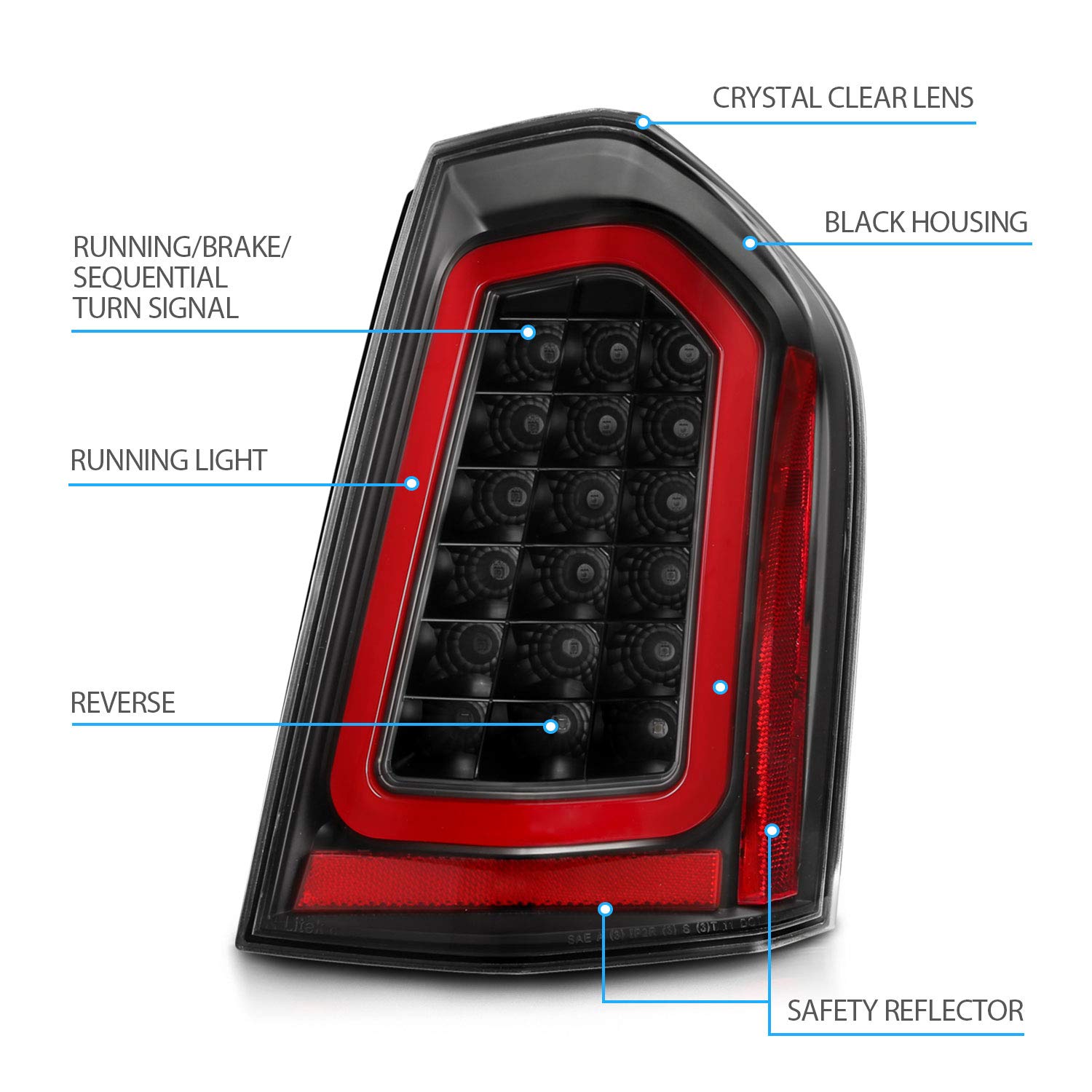 AmeriLite Black Full LED Sequential Turn Signal Tail Lights - Clear Lens Red Tube for 2011-2014 Chrysler 300 (Pair, Left & Right Side) - Upgrade Your Car's Style & Safety for Night Driving & Custom Look
