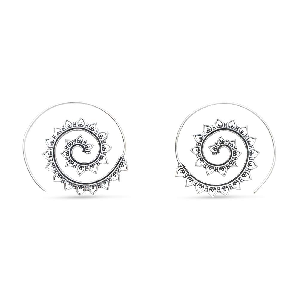 Handmade Indian Tribal Silver Mandala Spiral Hoop Threader Earrings | Boho Gypsy Jewelry for Women | Perfect for Festivals, Weddings & Boho Fashion