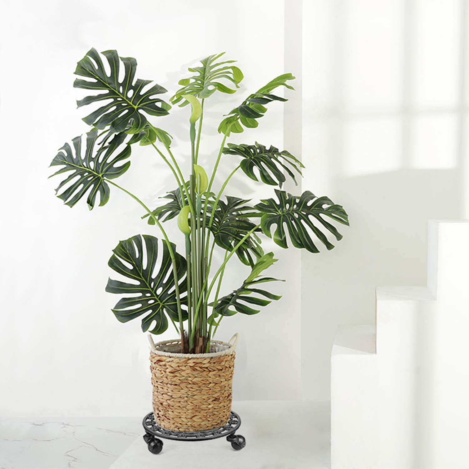 Fasmov Rose Cast Iron Plant Stand with Heavy Duty Wheels - Indoor Outdoor Rolling Planter Trolley for Garden, Patio, and Home Decor - Plant Pot Caddy with Smooth Casters for Easy Mobility