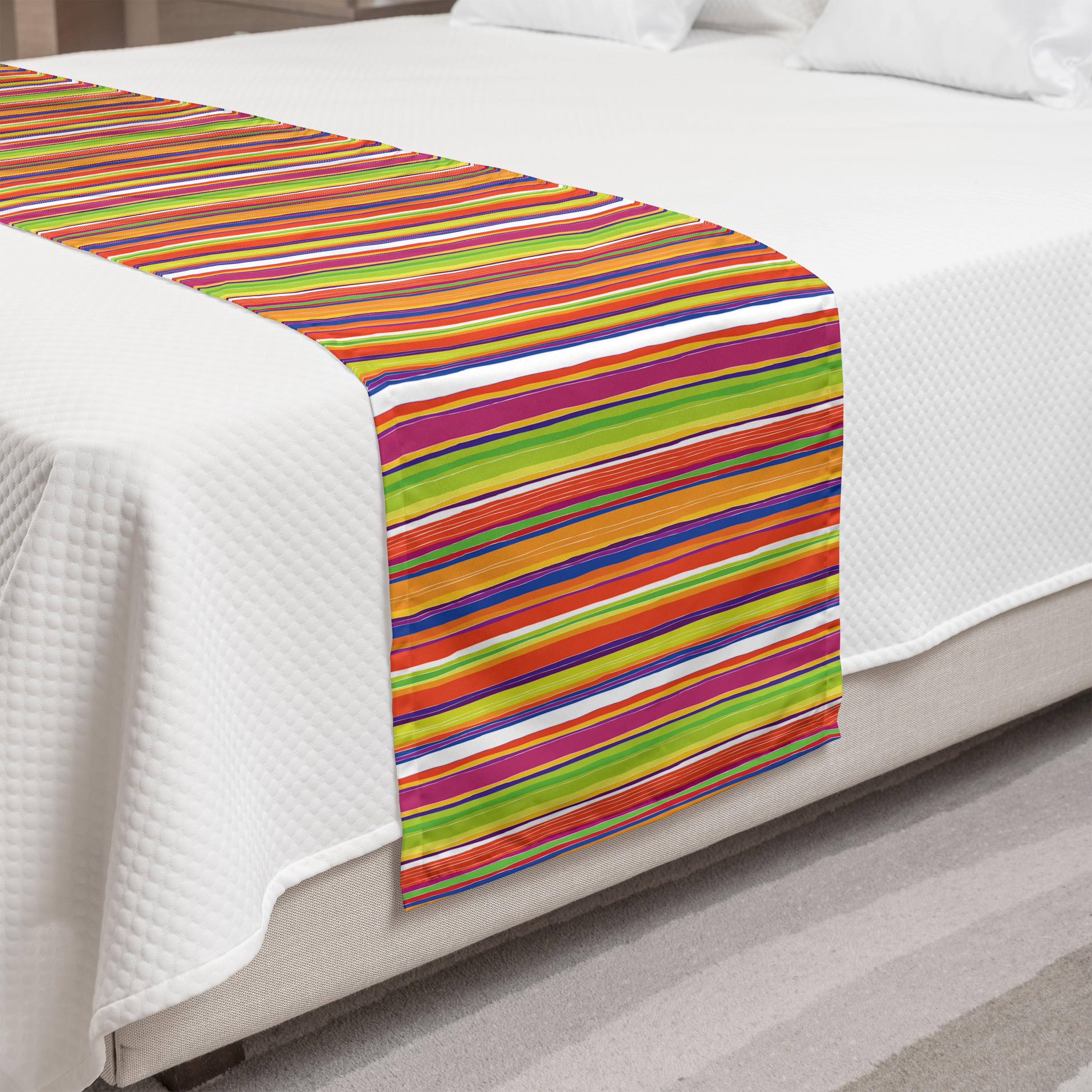 Ambesonne Stripes Bed Runner - Hand Drawn Barcode Style Rainbow Geometric Design | Decorative Accent Bedding Scarf for Hotels, Homes & Guest Rooms | Perfect for Master Bedrooms, Guest Suites & Luxury Hotel Decor | Multicolor