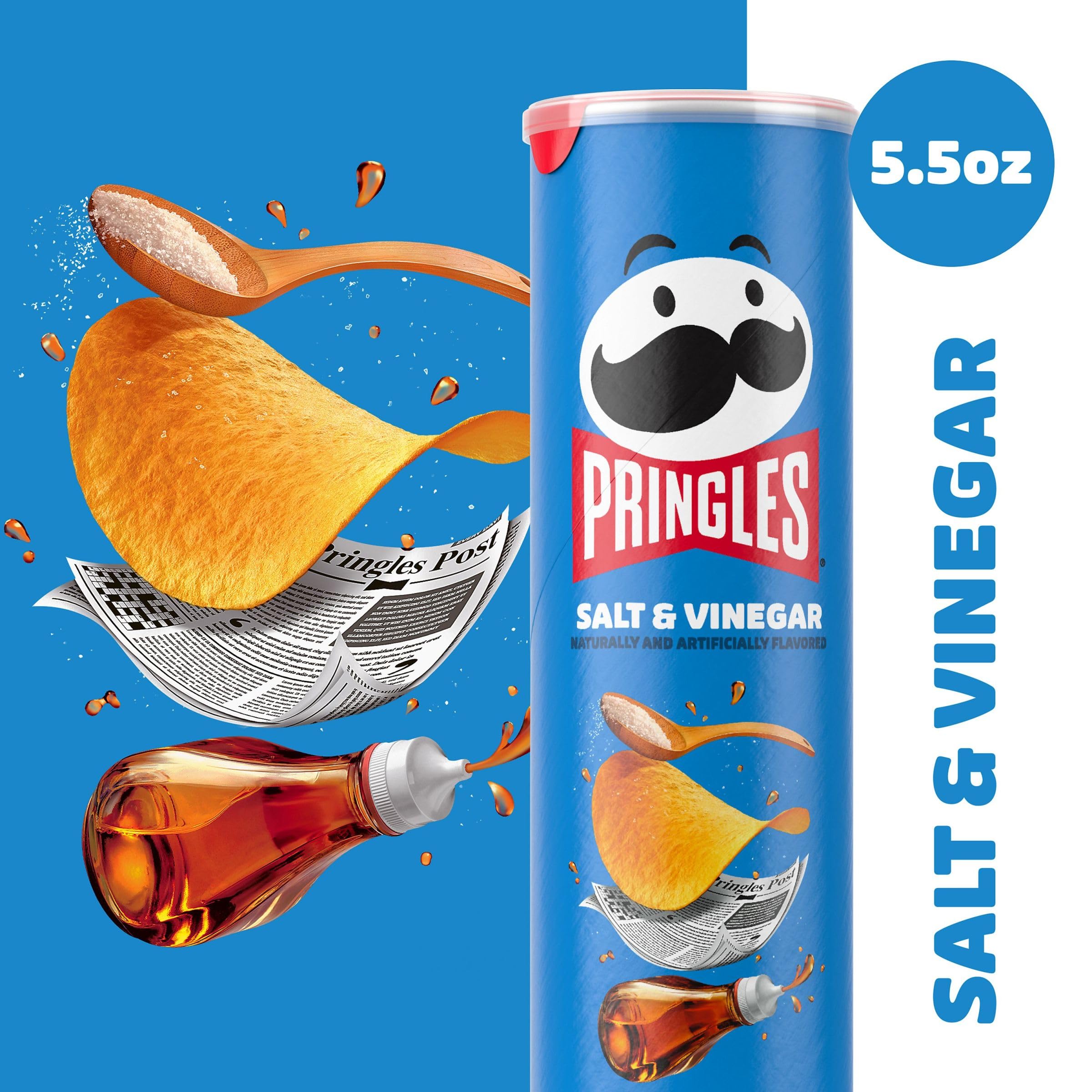Pringles Salt and Vinegar Potato Crisps Chips - 5.5oz Can (Pack of 1) - Crunchy Lunch Snacks, On-The-Go Treats for Work, School & Travel