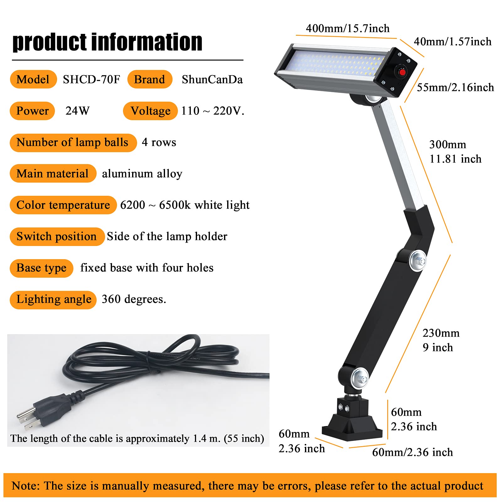 24W LED Work Light with Long Arm - Aluminum Alloy Waterproof Desk Lamp for CNC Lathe, Drilling Machine & Workshop Tools | US Plug | Perfect for Garage, Repair Shop & Industrial Workstations