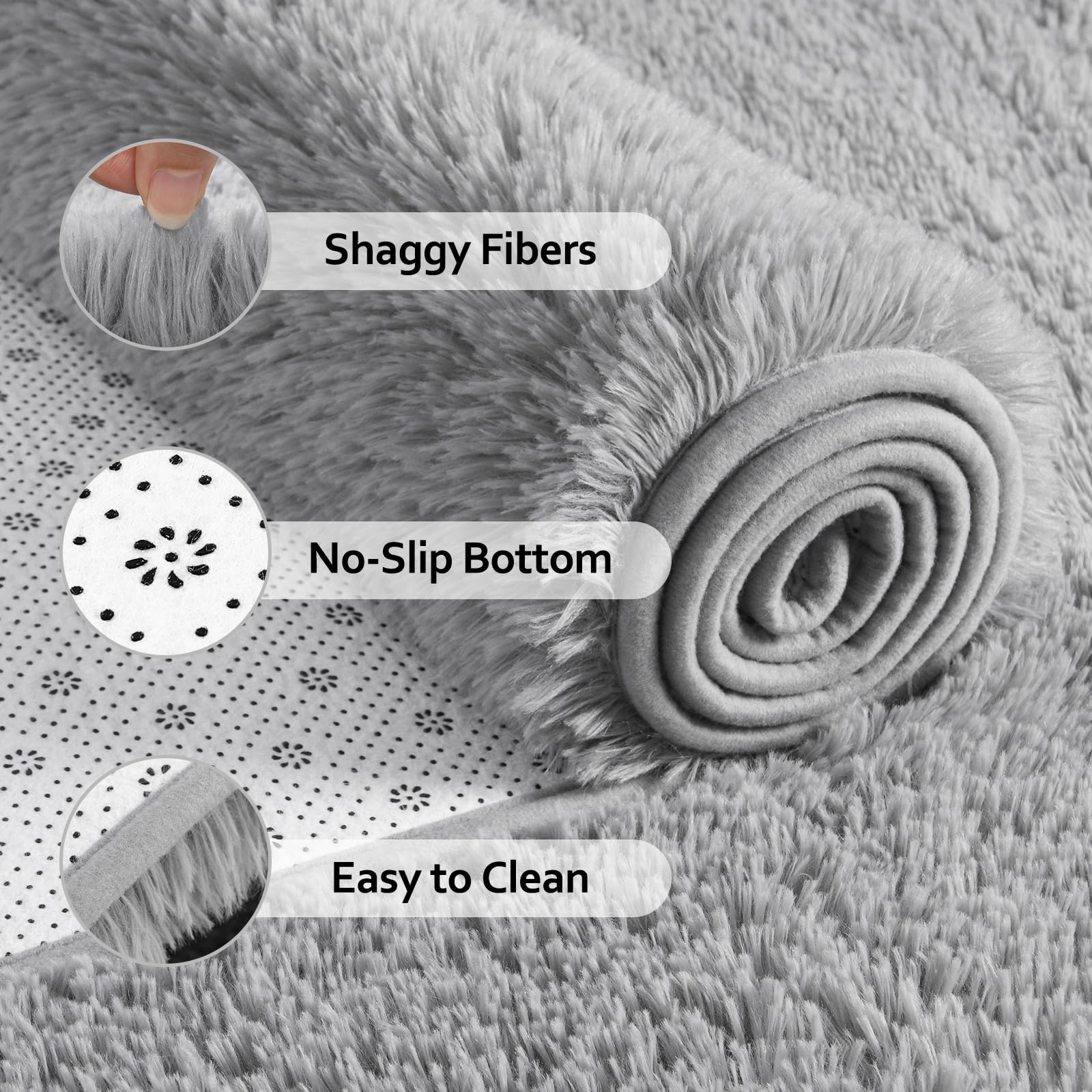 Kimicole Grey Area Rug 2x6 Feet - Modern Fluffy Shaggy Rug for Bedroom & Living Room - Soft Plush Carpet for Home Decor, Kids Play Area, Nursery & Office