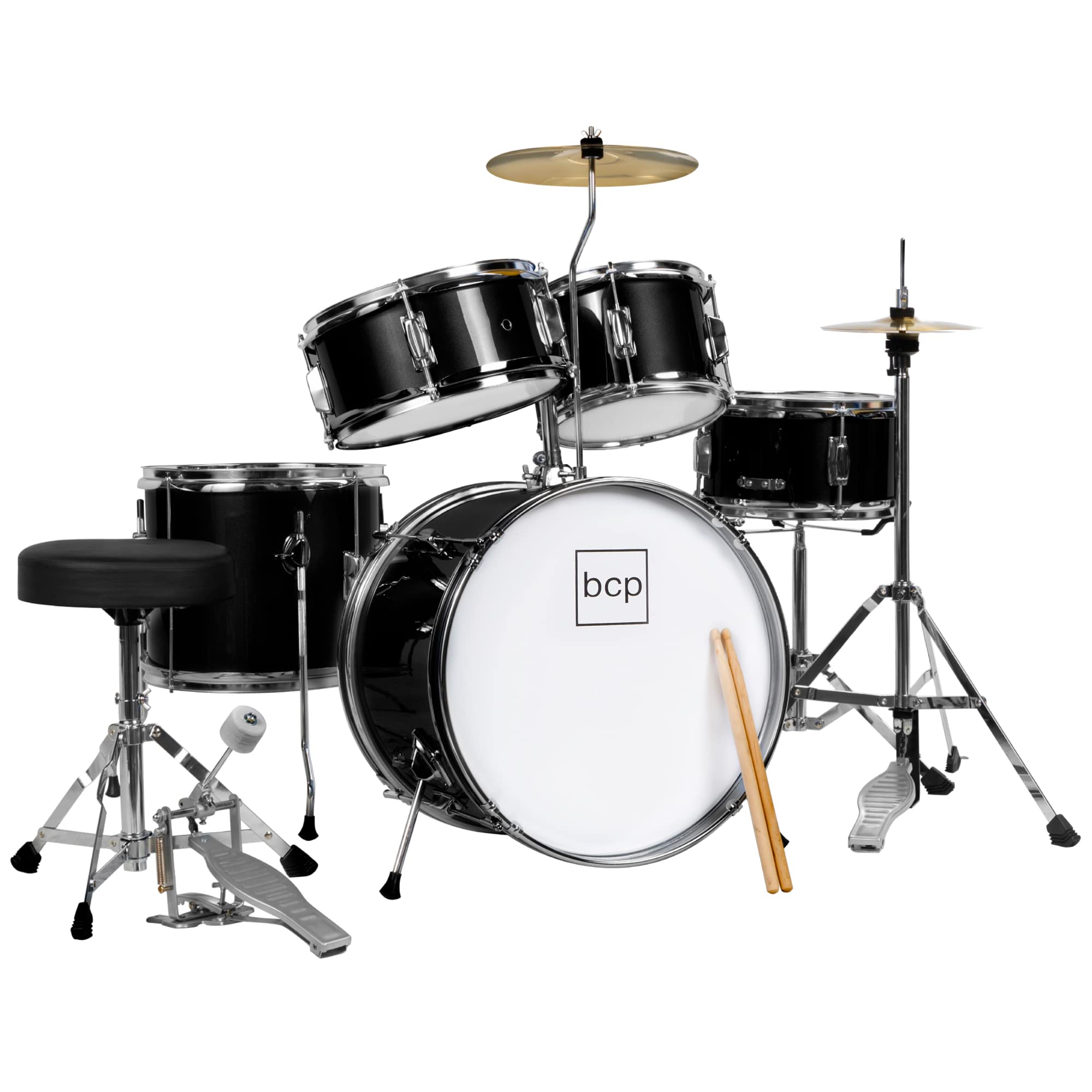 Best Choice Products 5-Piece 16in Kids Drum Set - Junior Drum Kit with Cymbals, Pedal, Drumsticks, Stool, Toms, Snare & Hi-Hat - Perfect Beginner Percussion Set for Children (Black) | Ideal for Home Practice, Music Lessons & Early Childhood Development