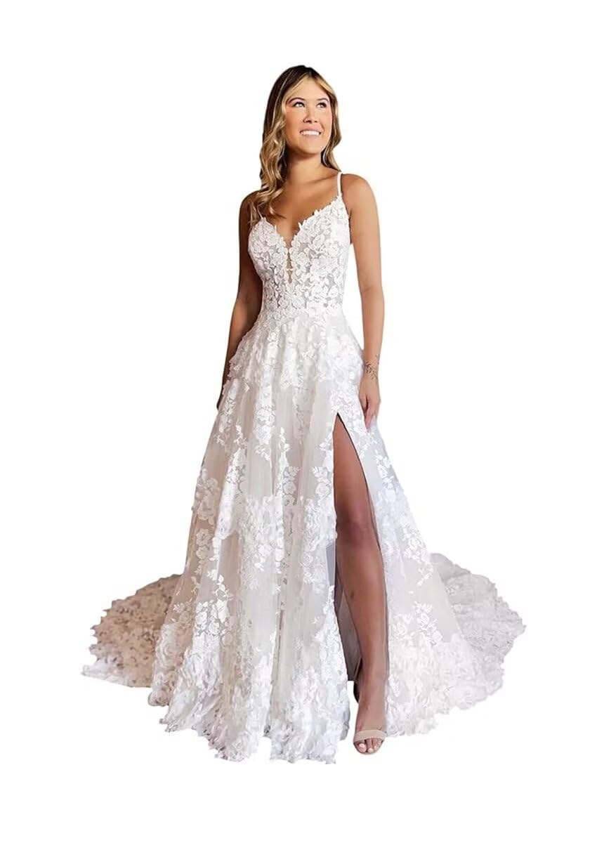 Elegant Long V-Neck Sleeveless Wedding Dress with Lace Appliques - Perfect for Brides, Women's Formal Bridal Gown for Church Ceremony & Beach Weddings