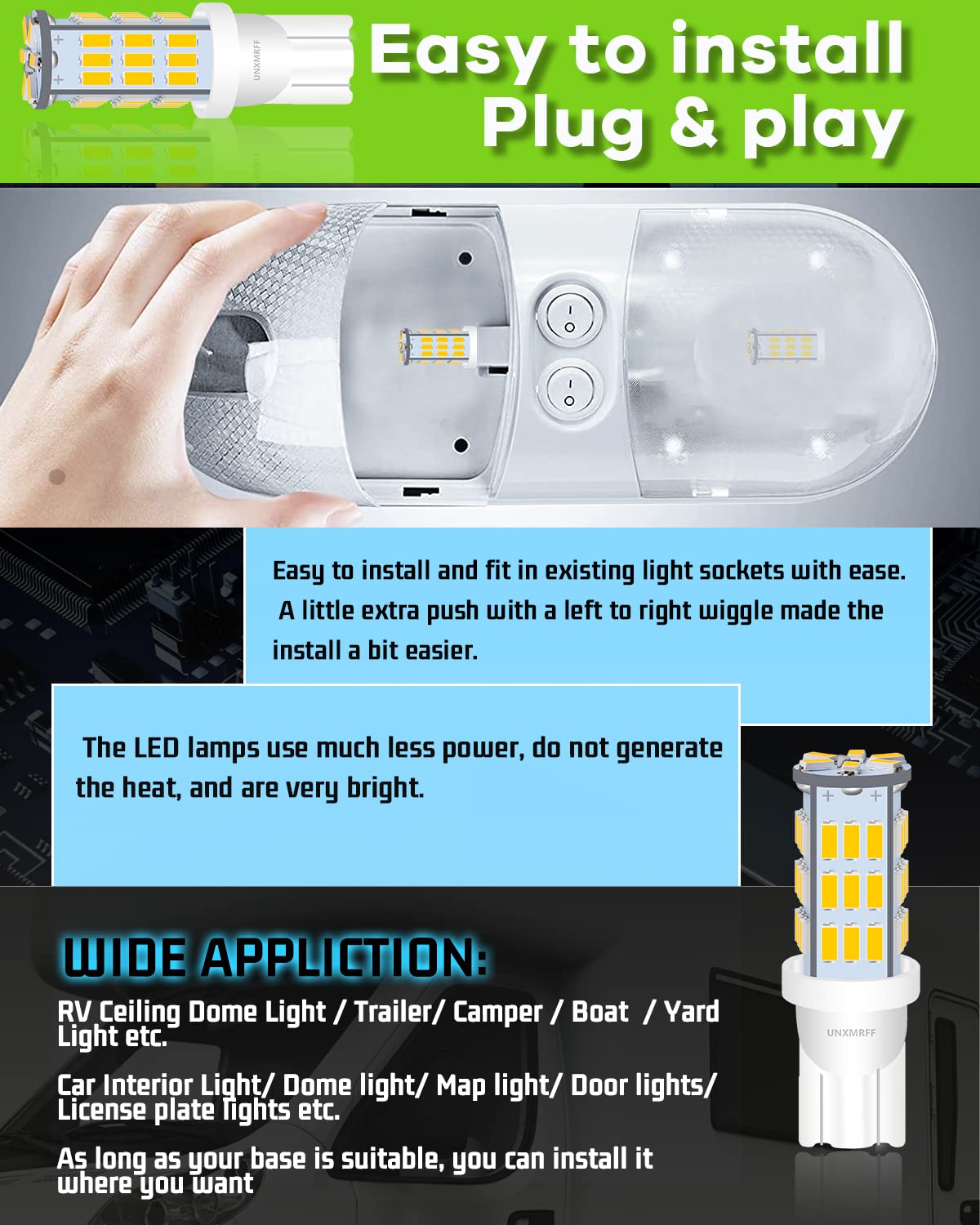 UNXMRFF - T10 921 LED Bulb Warm White 12V RV Light Bulbs (Pack of 20) - Perfect for Camper, Travel Trailer Interior Ceiling Lights, Car Map Lights, Dome Lights & Door Lights