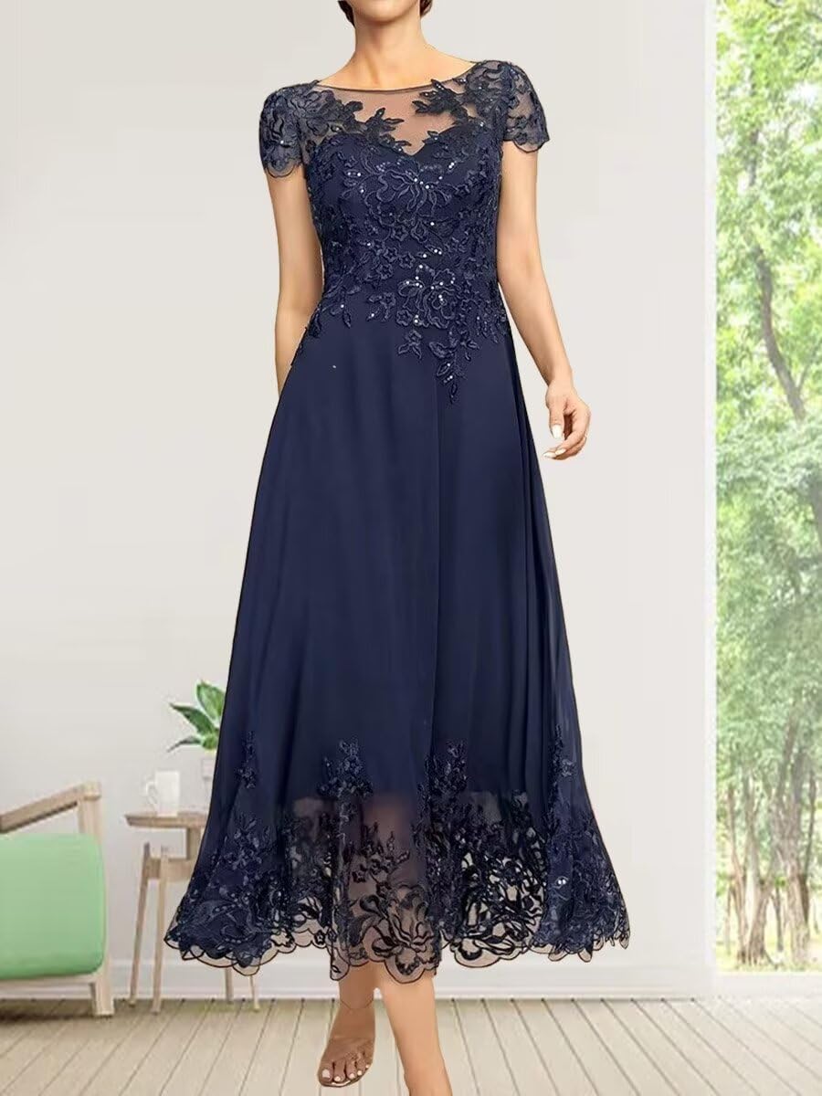 Elegant Lace Mother of The Bride Dresses - Tea Length Formal Evening Gowns with Chiffon Details | Perfect for Wedding Ceremonies, Receptions & Special Occasions