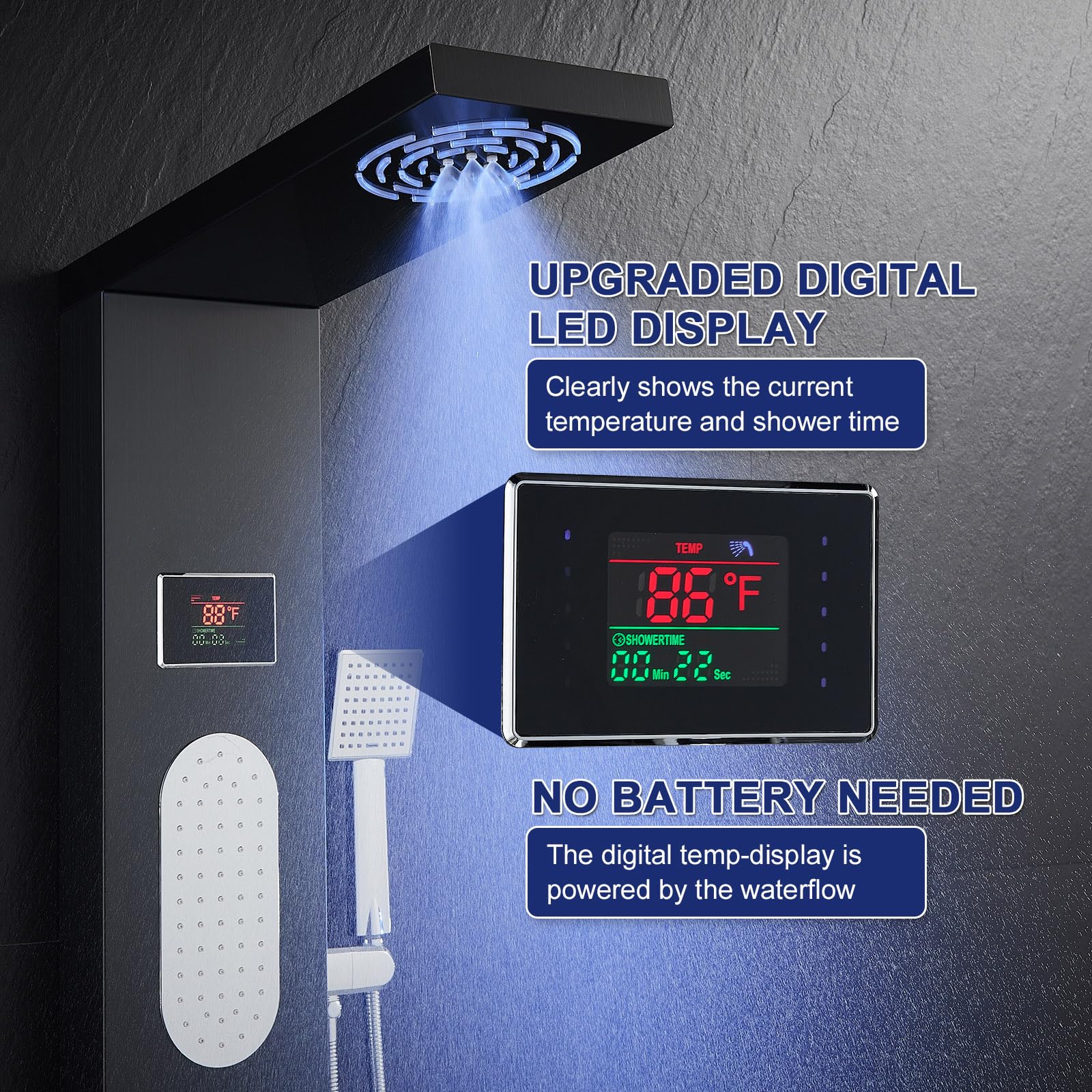 ROVATE LED Shower Panel Tower System - Hydroelectric LED Lights & Temperature Display, Black Shower Column with Rainfall & Mist Shower, 2 Body Jets, Handheld & Tub Spout | Perfect for Modern Bathroom Renovation & Spa-Like Shower Experience