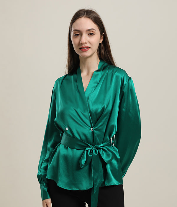 Elegant V-Neck Silk Blouse with Adjustable Belt - Perfect for Office Wear, Date Night & Special Occasions
