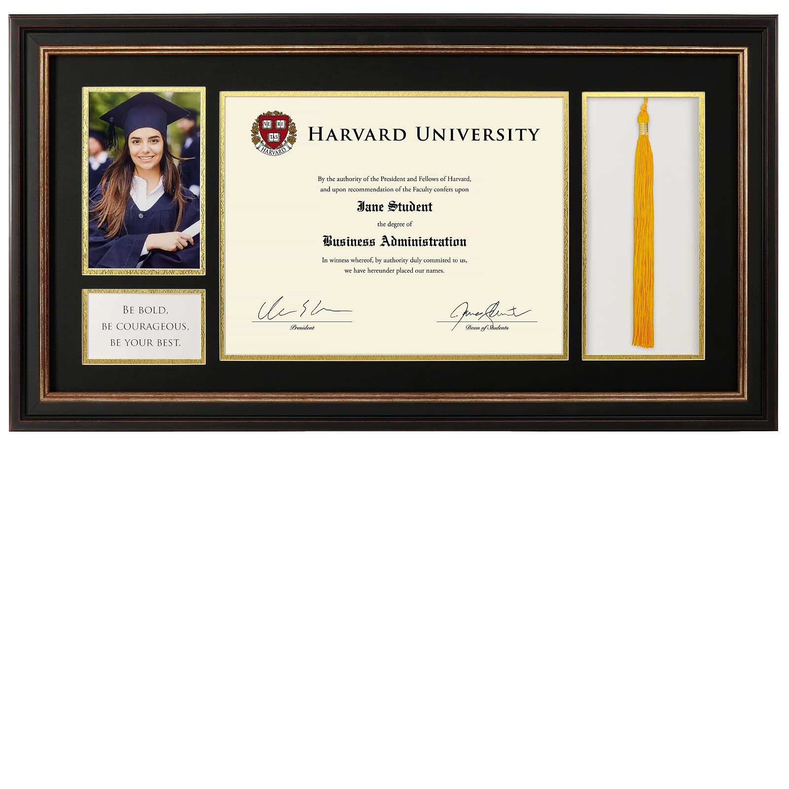 8.5x11 Modern Black & Gold Photo Frame with Double Mat - Perfect for Graduation Diplomas, Certificates & Displaying Graduation Photos with Tassel Holder - Wall or Desk Display for Office, Home & School Decor