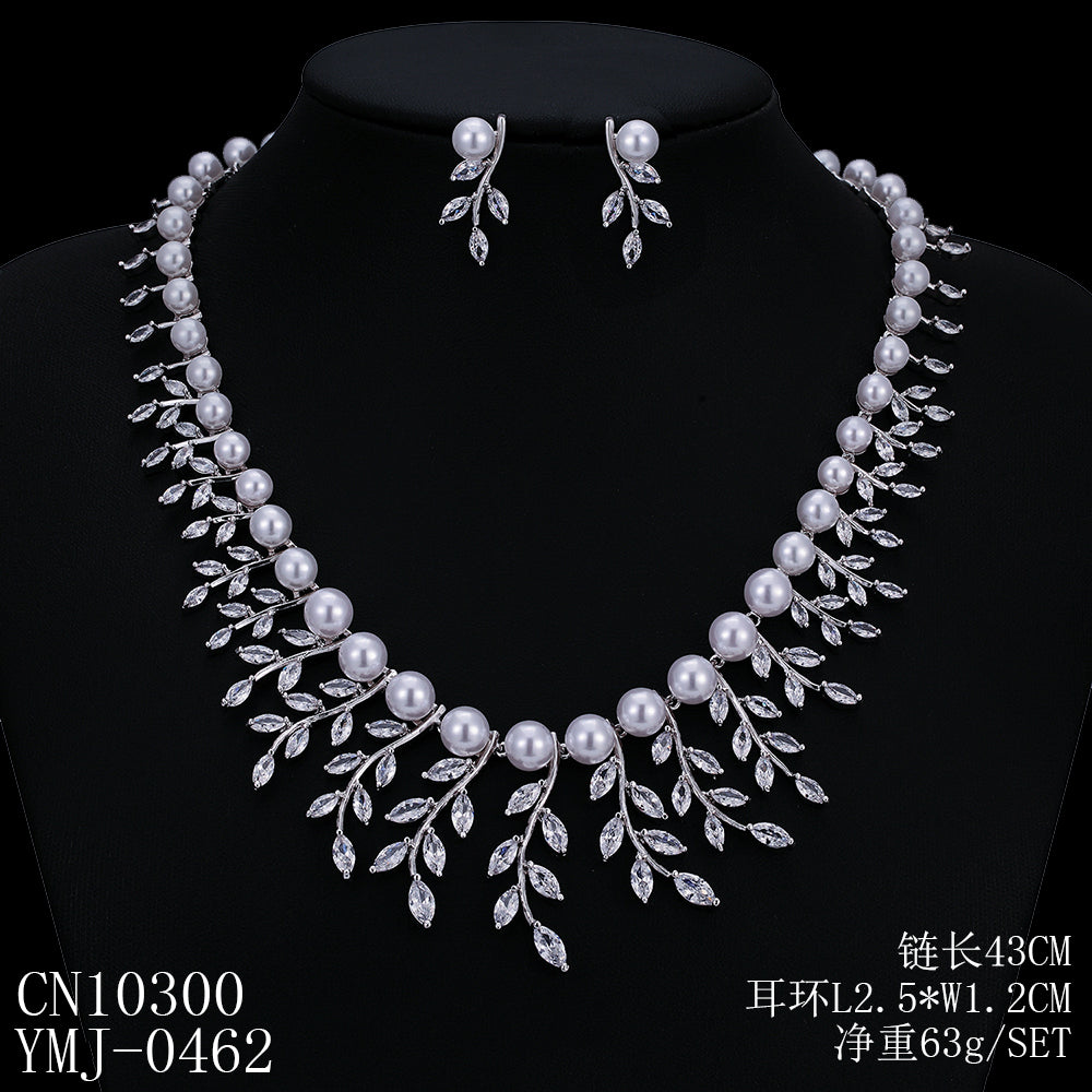 5A Cubic Zirconia Leaf Pearl Necklace & Earrings Set for Women - Elegant Jewelry Gift for Wedding, Anniversary & Special Occasions